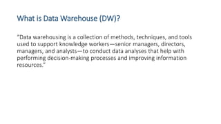 What is Data Warehouse (DW)?
“Data warehousing is a collection of methods, techniques, and tools
used to support knowledge workers—senior managers, directors,
managers, and analysts—to conduct data analyses that help with
performing decision-making processes and improving information
resources.”
 