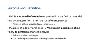 Purpose and Definition
• DW is a store of information organized in a unified data model
• Data collected from a number of different sources
• Finance, billing, website logs, personnel, …
• Purpose of a data warehouse (DW): support decision making
• Easy to perform advanced analysis
• Ad-hoc analysis and reports
• Data mining: discovery of hidden patterns and trends
 