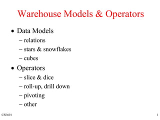 CSE601 1
Warehouse Models & Operators
 Data Models
 relations
 stars & snowflakes
 cubes
 Operators
 slice & dice
 roll-up, drill down
 pivoting
 other
 