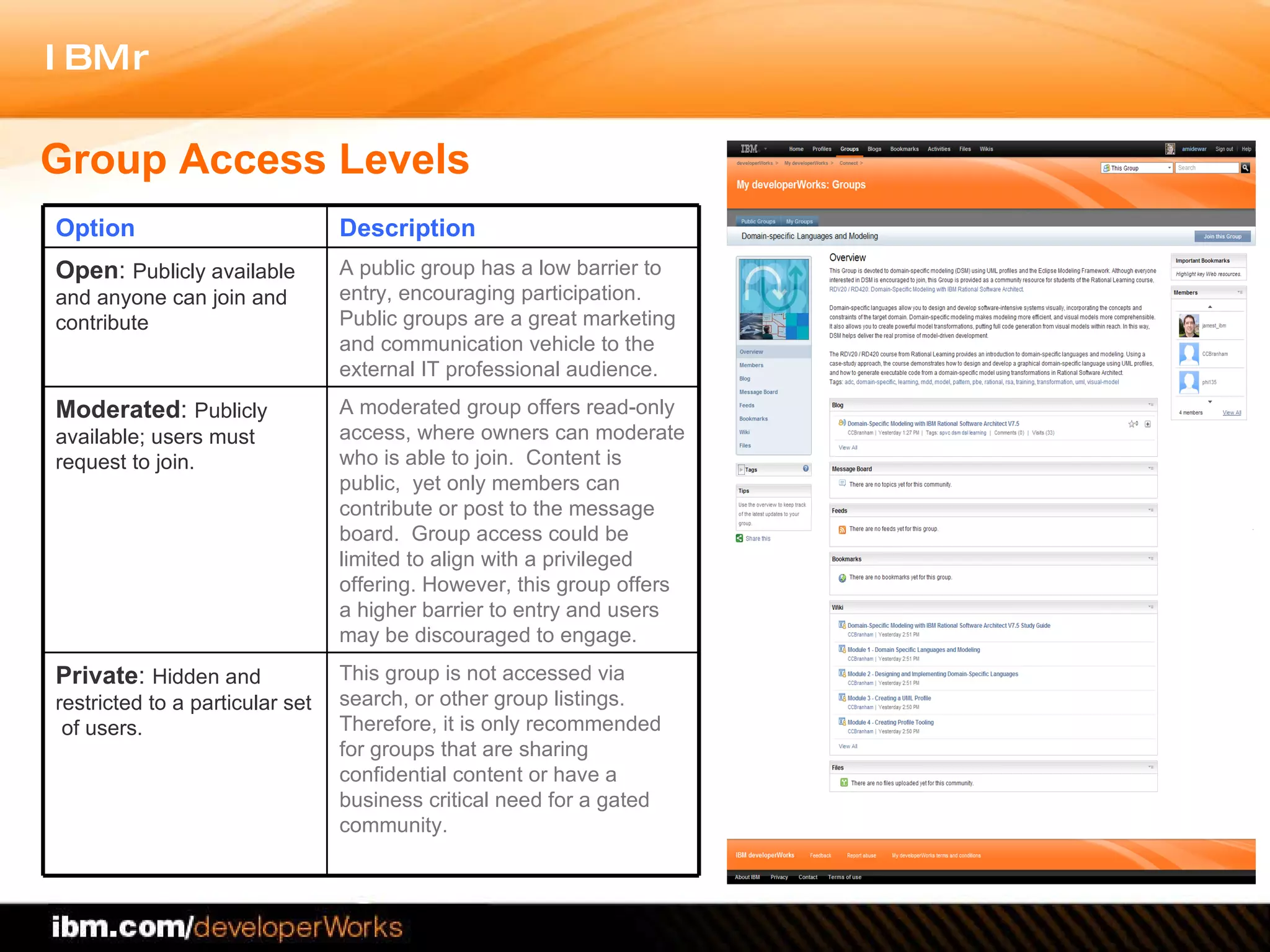 Group Access Levels This group is not accessed via search, or other group listings.  Therefore, it is only recommended for groups that are sharing confidential content or have a business critical need for a gated community.  Private :  Hidden and restricted to a particular set  of users.  A moderated group offers read-only access, where owners can moderate who is able to join.  Content is public,  yet only members can contribute or post to the message board.  Group access could be limited to align with a privileged offering. However, this group offers a higher barrier to entry and users may be discouraged to engage.  Moderated :  Publicly available; users must request to join.  A public group has a low barrier to entry, encouraging participation. Public groups are a great marketing and communication vehicle to the external IT professional audience.  Open :  Publicly available and anyone can join and contribute Description Option 