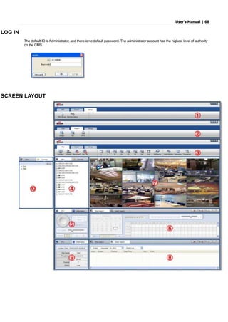User’s Manual | 68
LOG IN
The default ID is Administrator, and there is no default password. The administrator account has the highest level of authority
on the CMS.
SCREEN LAYOUT
 