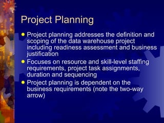 Project Planning Project planning addresses the definition and scoping of the data warehouse project including readiness assessment and business justification Focuses on resource and skill-level staffing requirements, project task assignments, duration and sequencing Project planning is dependent on the business requirements (note the two-way arrow) 
