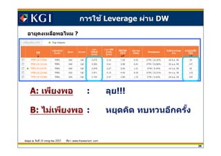29
อายุคงเหลือพอไหม ?
A: เพียงพอ : ลุย!!!
B: ไม่เพียงพอ : หยุดคิด ทบทวนอีกครัง
การใช้ Leverage ผ่าน DW
ข ้อมูล ณ วันที 15 กรกฎาคม 2557 ทีมา: www.thaiwarrant .com
 