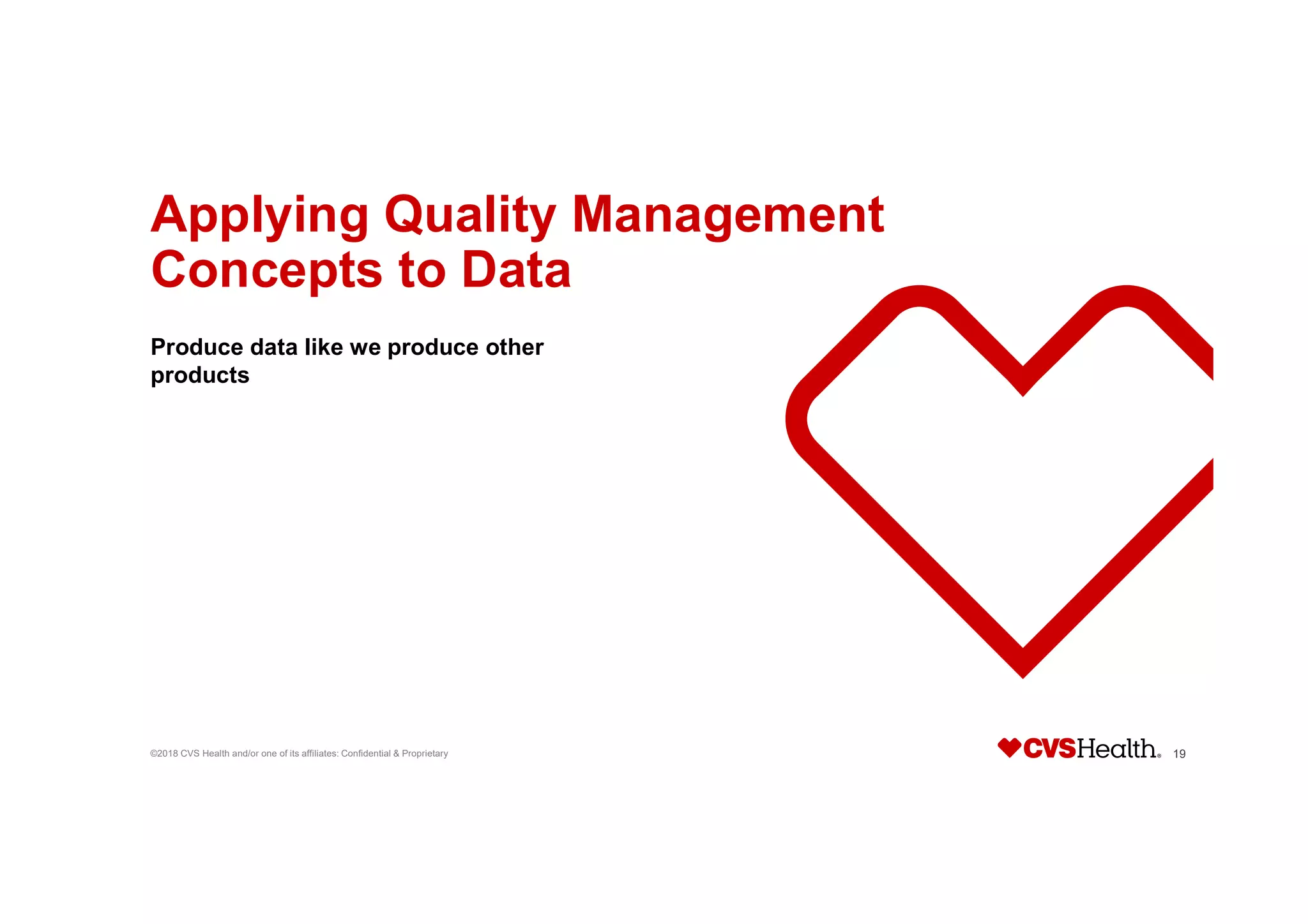 Applying Quality Management
Concepts to Data
Produce data like we produce other
products
©2018 CVS Health and/or one of its affiliates: Confidential & Proprietary 19
 