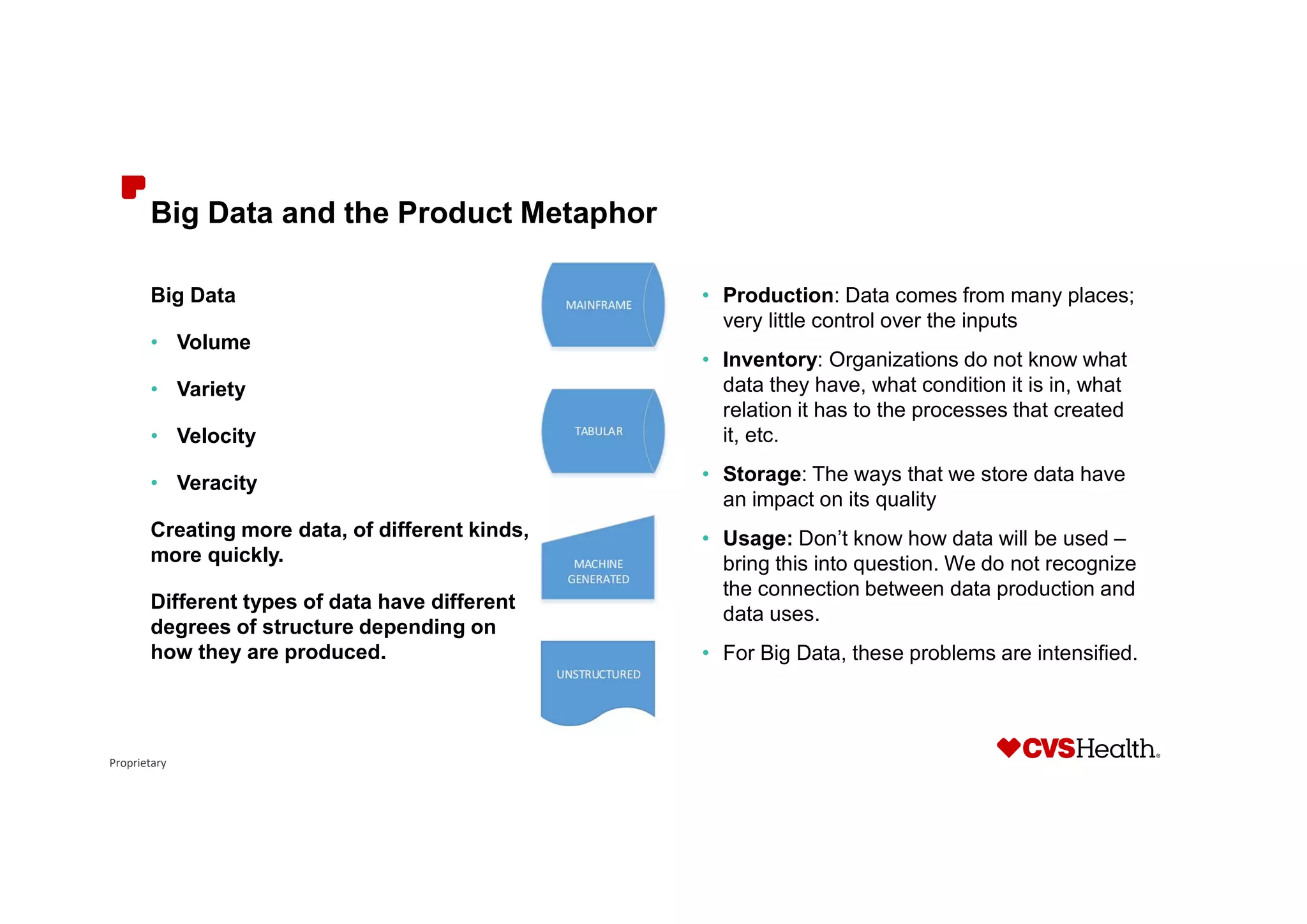Proprietary
Big Data and the Product Metaphor
Big Data
• Volume
• Variety
• Velocity
• Veracity
Creating more data, of different kinds,
more quickly.
Different types of data have different
degrees of structure depending on
how they are produced.
• Production: Data comes from many places;
very little control over the inputs
• Inventory: Organizations do not know what
data they have, what condition it is in, what
relation it has to the processes that created
it, etc.
• Storage: The ways that we store data have
an impact on its quality
• Usage: Don’t know how data will be used –
bring this into question. We do not recognize
the connection between data production and
data uses.
• For Big Data, these problems are intensified.
 