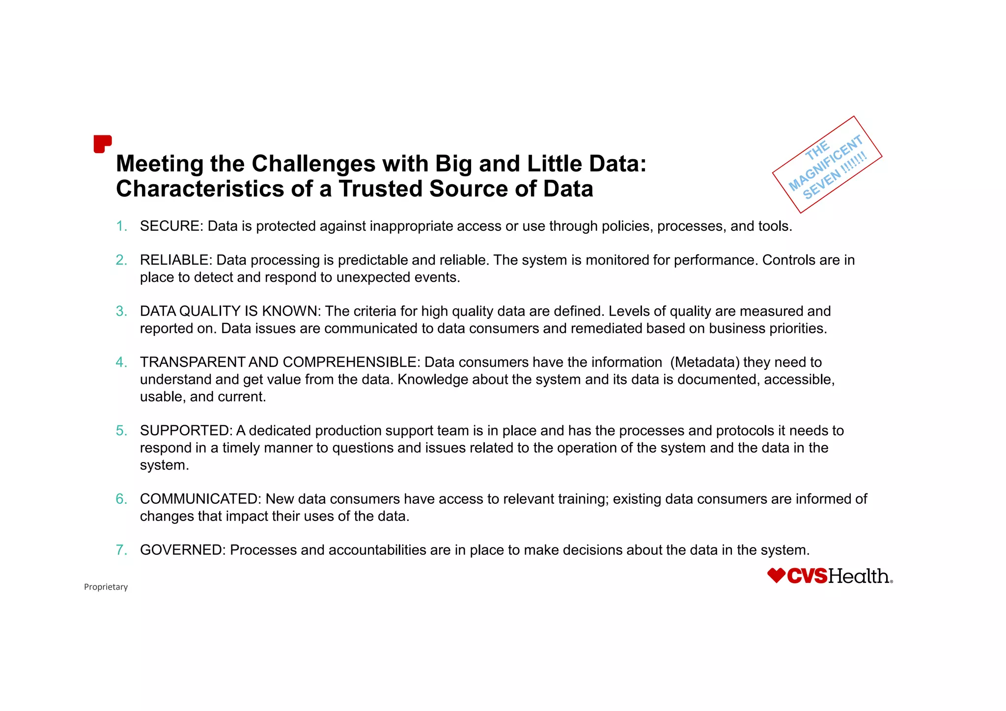 Proprietary
Meeting the Challenges with Big and Little Data:
Characteristics of a Trusted Source of Data
1. SECURE: Data is protected against inappropriate access or use through policies, processes, and tools.
2. RELIABLE: Data processing is predictable and reliable. The system is monitored for performance. Controls are in
place to detect and respond to unexpected events.
3. DATA QUALITY IS KNOWN: The criteria for high quality data are defined. Levels of quality are measured and
reported on. Data issues are communicated to data consumers and remediated based on business priorities.
4. TRANSPARENT AND COMPREHENSIBLE: Data consumers have the information (Metadata) they need to
understand and get value from the data. Knowledge about the system and its data is documented, accessible,
usable, and current.
5. SUPPORTED: A dedicated production support team is in place and has the processes and protocols it needs to
respond in a timely manner to questions and issues related to the operation of the system and the data in the
system.
6. COMMUNICATED: New data consumers have access to relevant training; existing data consumers are informed of
changes that impact their uses of the data.
7. GOVERNED: Processes and accountabilities are in place to make decisions about the data in the system.
 