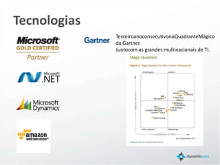 Tecnologias
              Terceiro ano consecutivo no Quadrante
              Mágico da Gartner.
              Junto com as grandes multinacionais de TI.
 