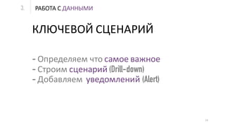 РАБОТА С ДАННЫМИ3.
13
- Определяем что самое важное
- Строим сценарий (Drill-down)
- Добавляем уведомлений (Alert)
КЛЮЧЕВОЙ СЦЕНАРИЙ
 