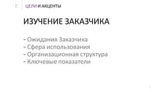 ЦЕЛИ И АКЦЕНТЫ2.
7
ИЗУЧЕНИЕ ЗАКАЗЧИКА
- Ожидания Заказчика
- Сфера использования
- Организационная структура
- Ключевые показатели
 