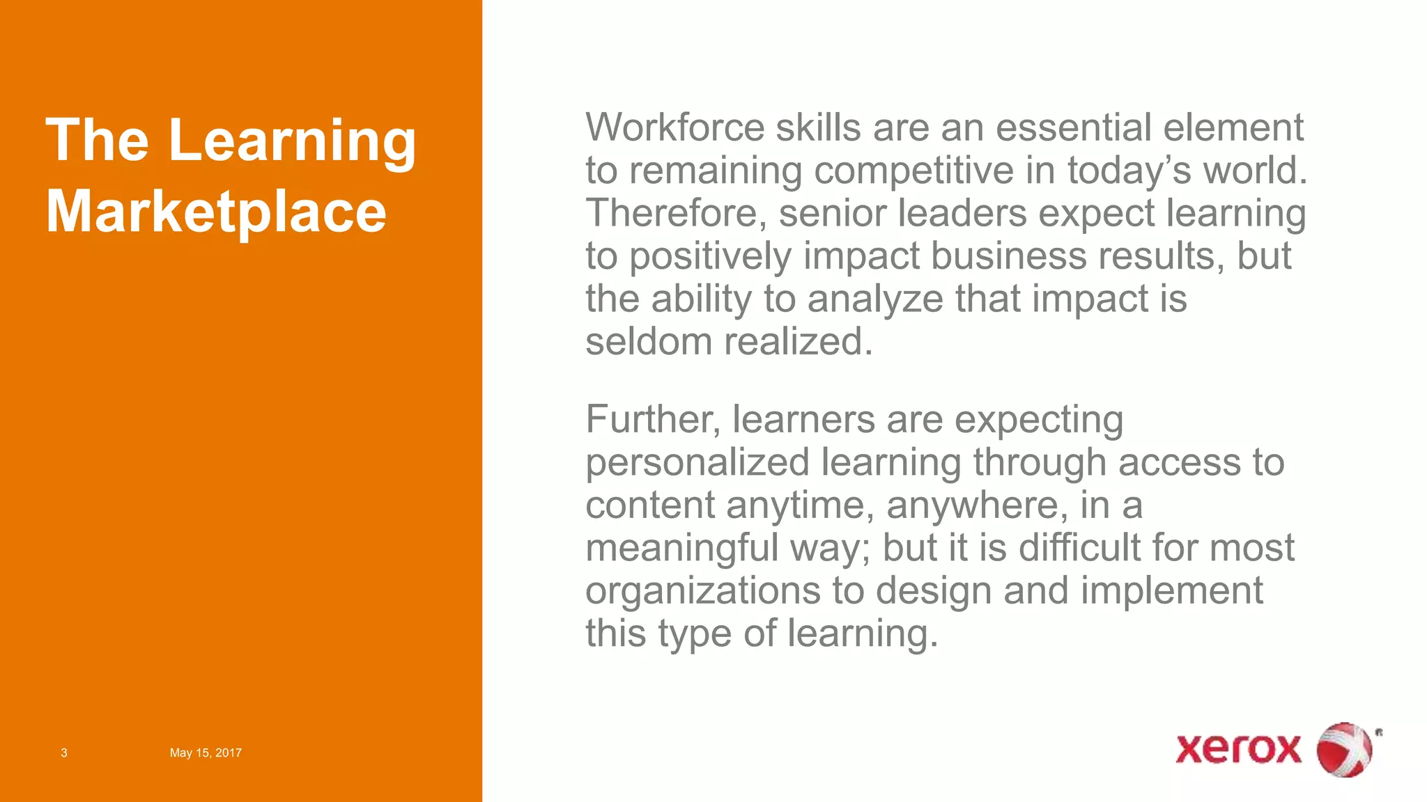 Xerox Confidential
The Learning
Marketplace
3 May 15, 2017
Workforce skills are an essential element
to remaining competitive in today’s world.
Therefore, senior leaders expect learning
to positively impact business results, but
the ability to analyze that impact is
seldom realized.
Further, learners are expecting
personalized learning through access to
content anytime, anywhere, in a
meaningful way; but it is difficult for most
organizations to design and implement
this type of learning.
 