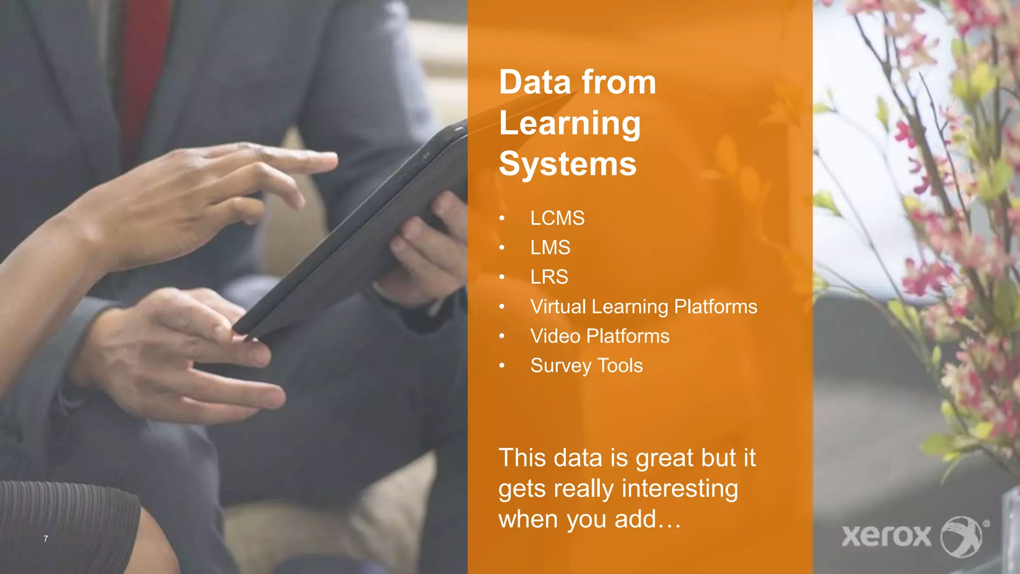 Data from
Learning
Systems
• LCMS
• LMS
• LRS
• Virtual Learning Platforms
• Video Platforms
• Survey Tools
This data is great but it
gets really interesting
when you add…
7
 