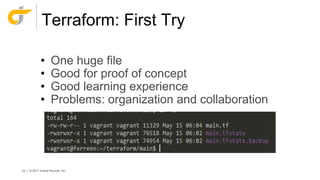 22 | © 2017 Grand Rounds, Inc.
Terraform: First Try
• One huge file
• Good for proof of concept
• Good learning experience
• Problems: organization and collaboration
 