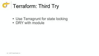 24 | © 2017 Grand Rounds, Inc.
Terraform: Third Try
• Use Terragrunt for state locking
• DRY with module
 