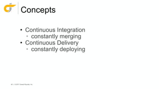 40 | © 2017 Grand Rounds, Inc.
Concepts
• Continuous Integration
• constantly merging
• Continuous Delivery
• constantly deploying
 