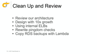 79 | © 2017 Grand Rounds, Inc.
Clean Up and Review
• Review our architecture
• Design with 10x growth
• Using internal ELBs
• Rewrite pingdom checks
• Copy RDS backups with Lambda
 