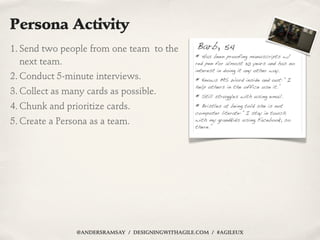 Persona Activity
1. Send two people from one team to the
   next team.
2. Conduct 5-minute interviews.
3. Collect as many ...