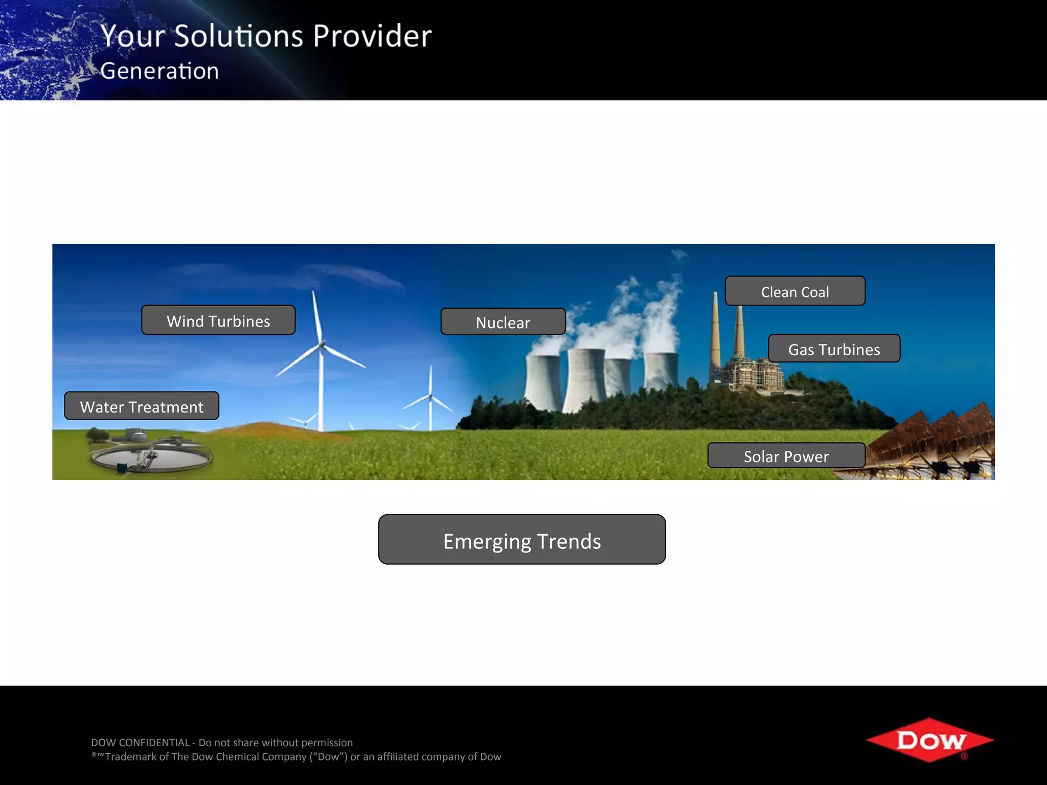 Clean Coal
               Wind Turbines                                              Nuclear
                                                                                           Gas Turbines


Water Treatment

                                                                                      Solar Power



                                                                    Emerging Trends




 DOW CONFIDENTIAL - Do not share without permission
 ®™Trademark of The Dow Chemical Company (“Dow”) or an affiliated company of Dow        11
 