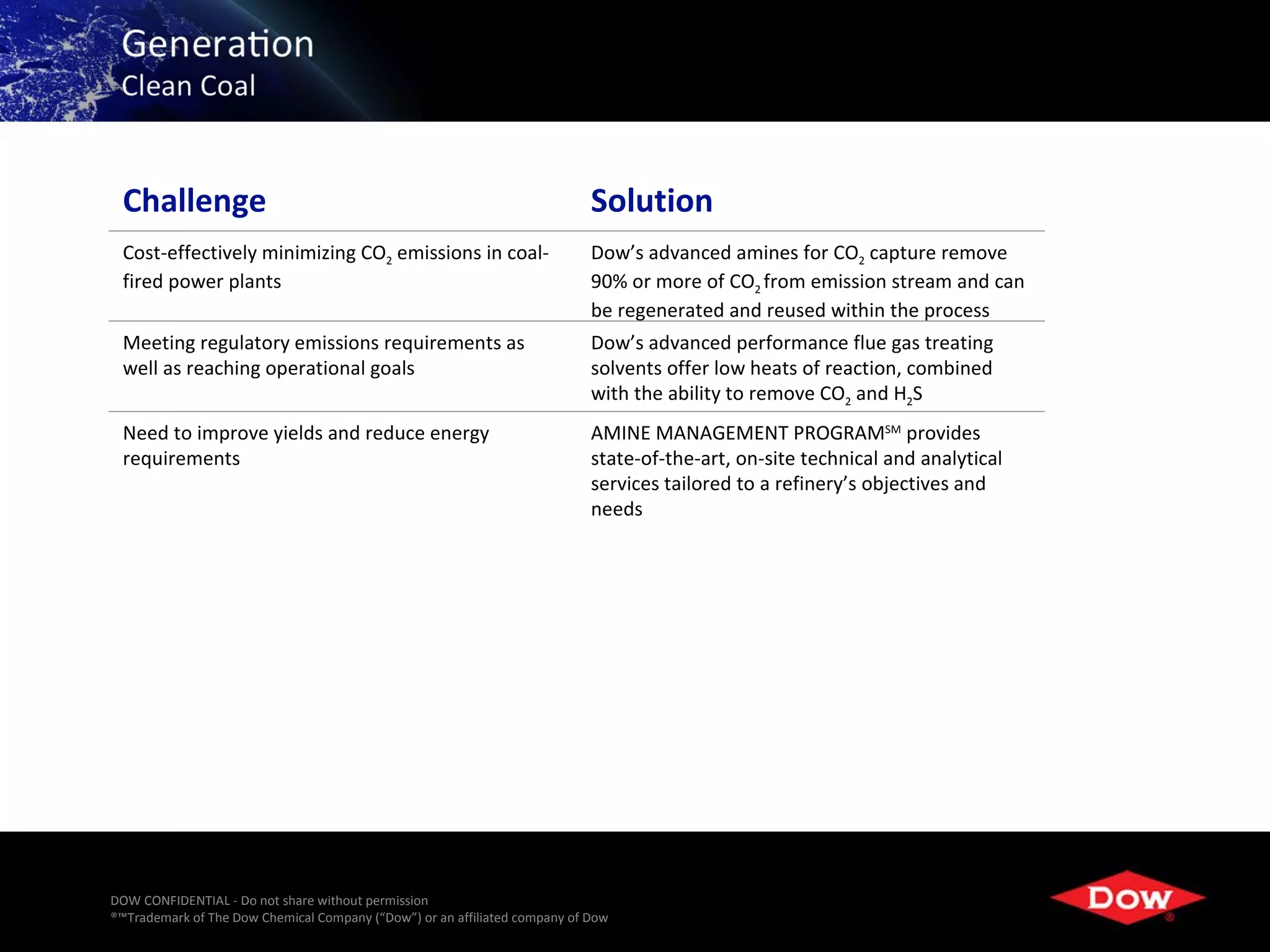 Challenge                                                                  Solution
 Cost-effectively minimizing CO2 emissions in coal-                         Dow’s advanced amines for CO2 capture remove
 fired power plants                                                         90% or more of CO2 from emission stream and can
                                                                            be regenerated and reused within the process
 Meeting regulatory emissions requirements as                               Dow’s advanced performance flue gas treating
 well as reaching operational goals                                         solvents offer low heats of reaction, combined
                                                                            with the ability to remove CO2 and H2S
 Need to improve yields and reduce energy                                   AMINE MANAGEMENT PROGRAMSM provides
 requirements                                                               state-of-the-art, on-site technical and analytical
                                                                            services tailored to a refinery’s objectives and
                                                                            needs




DOW CONFIDENTIAL - Do not share without permission
®™Trademark of The Dow Chemical Company (“Dow”) or an affiliated company of Dow                                     15
 