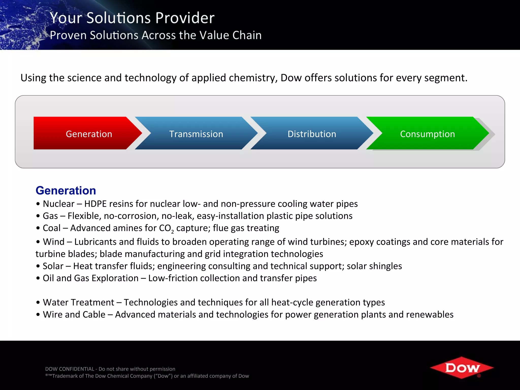 Using the science and technology of applied chemistry, Dow offers solutions for every segment.



            Generation                               Transmission                      Distribution       Consumption




   Generation
   • Nuclear – HDPE resins for nuclear low- and non-pressure cooling water pipes
   • Gas – Flexible, no-corrosion, no-leak, easy-installation plastic pipe solutions
   • Coal – Advanced amines for CO2 capture; flue gas treating
   • Wind – Lubricants and fluids to broaden operating range of wind turbines; epoxy coatings and core materials for
   turbine blades; blade manufacturing and grid integration technologies
   • Solar – Heat transfer fluids; engineering consulting and technical support; solar shingles
   • Oil and Gas Exploration – Low-friction collection and transfer pipes

   • Water Treatment – Technologies and techniques for all heat-cycle generation types
   • Wire and Cable – Advanced materials and technologies for power generation plants and renewables




     DOW CONFIDENTIAL - Do not share without permission
     ®™Trademark of The Dow Chemical Company (“Dow”) or an affiliated company of Dow                  8
 