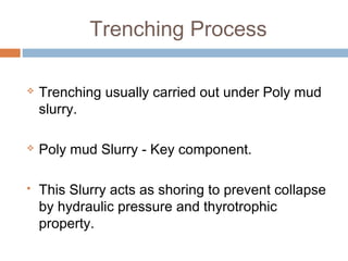 Excavation of panel is followed by placing of steel
reinforcement cage in center of the panel.
 