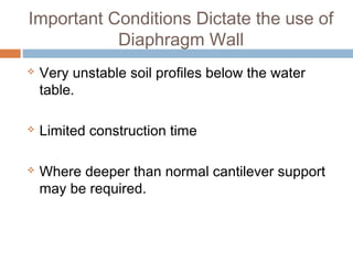 Can be Installed to considerable depth.
Formation of walls with substantial thickness.
Easily incorporated into Permanent works.
Designable to carry vertical loads.
Construction time of Basement can be lowered
considerably.
Minimizes settlement of adjacent buildings
Provides strong and watertight wall
No vibration during installation.
 