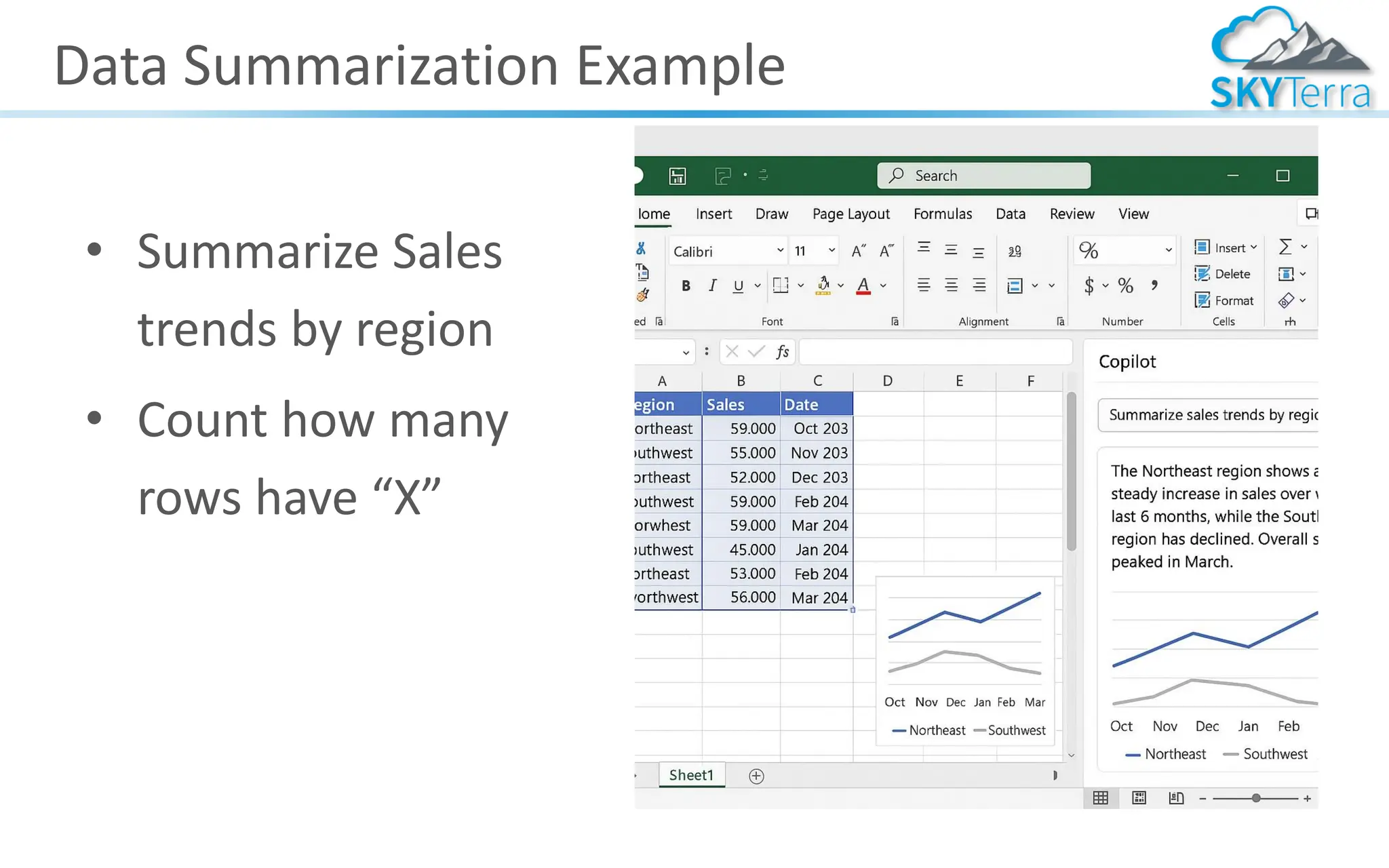 Data Summarization Example
• Summarize Sales
trends by region
• Count how many
rows have “X”
 