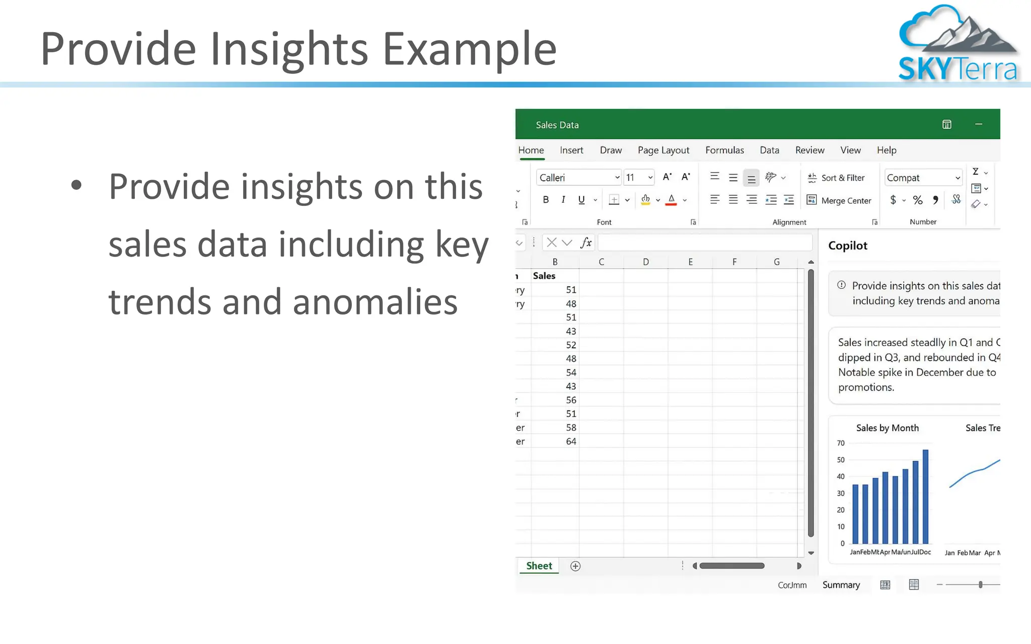 Provide Insights Example
• Provide insights on this
sales data including key
trends and anomalies
 