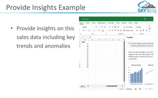 Provide Insights Example
• Provide insights on this
sales data including key
trends and anomalies
 