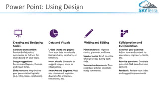 Power Point: Using Design
Creating and Designing
Slides
Generate slide content:
Provide bullet points,
summaries, or full text for
slides based on your topic.
Design suggestions:
Recommend layouts, themes,
and visual styles.
Slide structure: Help outline
your presentation logically
(e.g., intro, body, conclusion).
Data and Visuals
Create charts and graphs:
Turn your data into visuals
like bar charts, pie charts, or
timelines.
Insert visuals: Generate or
suggest images, icons, or
infographics.
SmartArt and diagrams: Help
you choose and populate
diagrams for processes,
hierarchies, etc.
Writing and Editing
Polish slide text: Improve
clarity, grammar, and tone.
Speaker notes: Draft or refine
what you’ll say during each
slide.
Summarize documents: Turn
reports or articles into slide-
ready summaries.
Collaboration and
Customization
Tailor for your audience:
Adjust tone and content for
executives, engineers, clients,
etc.
Practice questions: Generate
potential Q&A based on your
content.
Feedback: Review your slides
and suggest improvements.
 