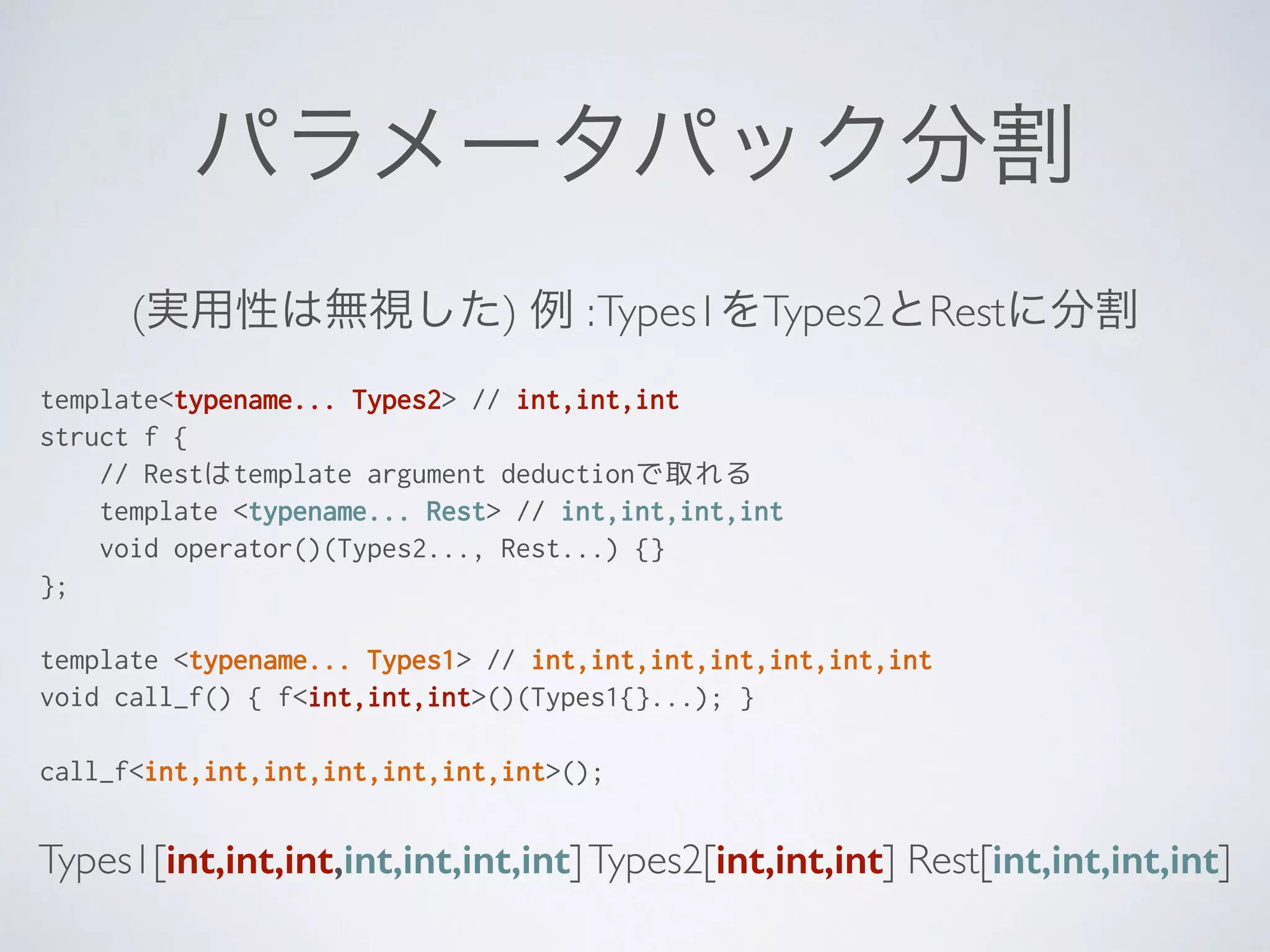 パラメータパック分割
(実用性は無視した) 例 :Types1をTypes2とRestに分割
template<typename... Types2> // int,int,int
struct f {
// Restはtemplate argument deductionで取れる
template <typename... Rest> // int,int,int,int
void operator()(Types2..., Rest...) {}
};
!
template <typename... Types1> // int,int,int,int,int,int,int
void call_f() { f<int,int,int>()(Types1{}...); }
!
call_f<int,int,int,int,int,int,int>();
Types1[int,int,int,int,int,int,int]Types2[int,int,int] Rest[int,int,int,int]
 