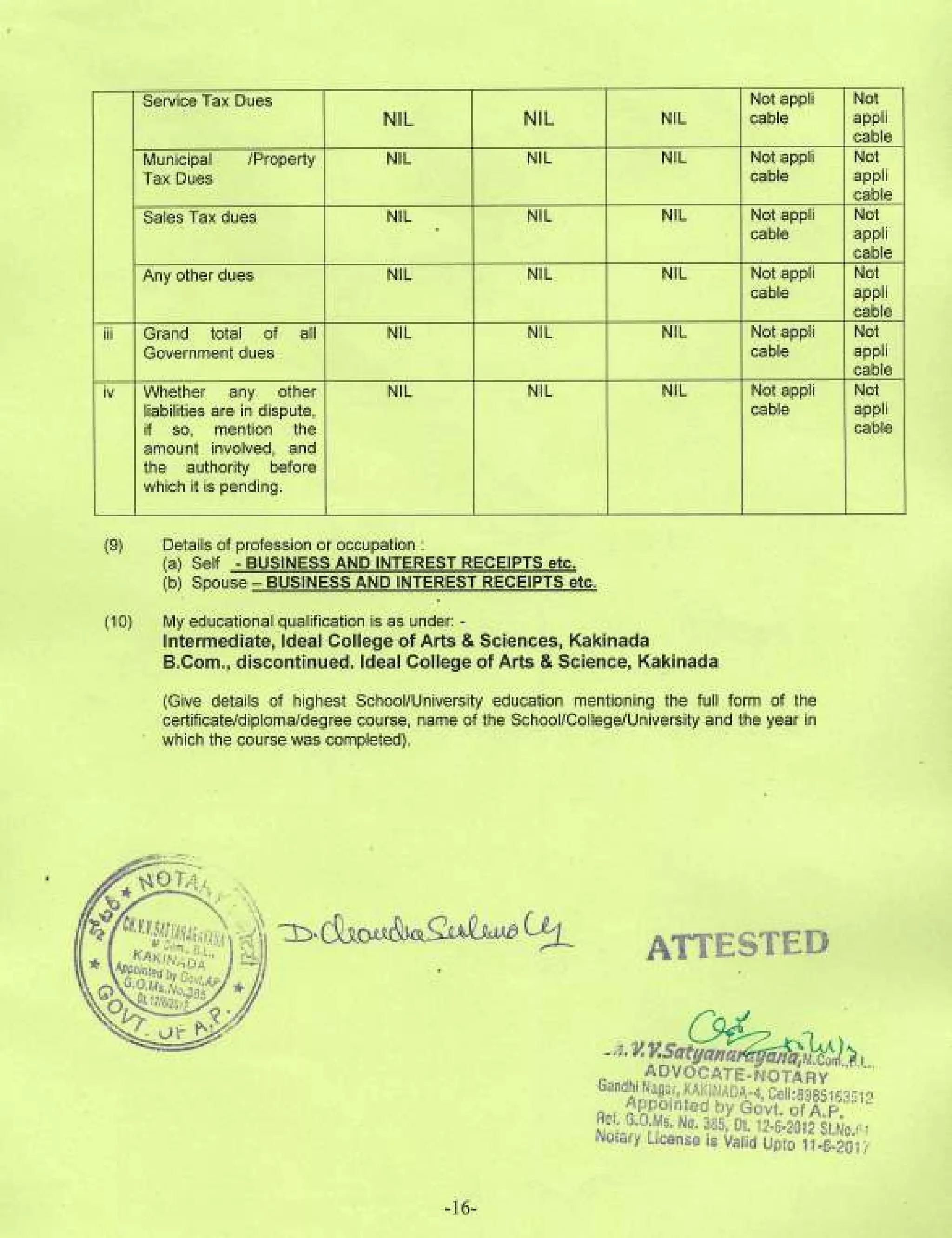 Dwarampudi ChandraSekhar Reddy Affidavit for 2014 MLA KKD Elections