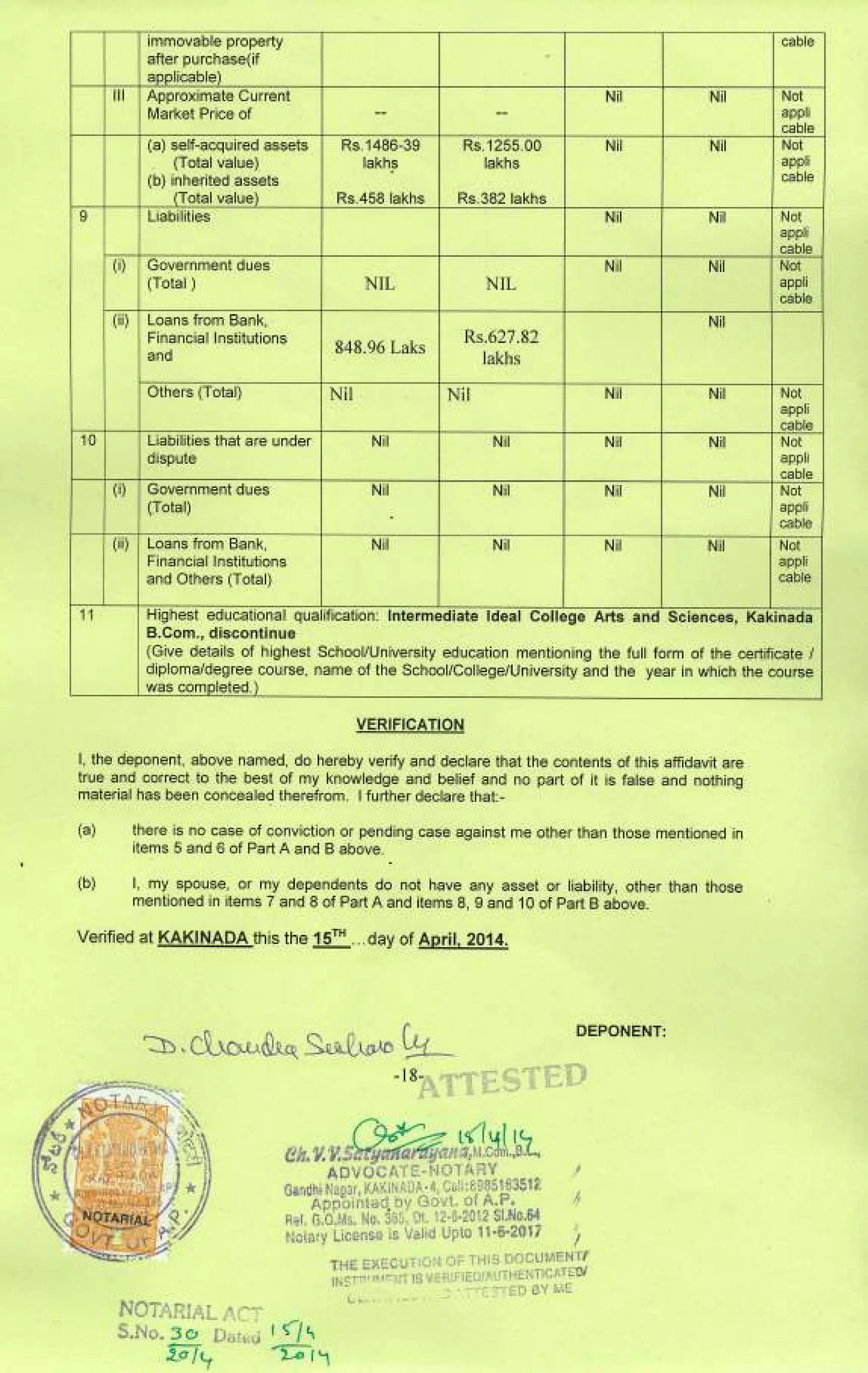 Dwarampudi ChandraSekhar Reddy Affidavit for 2014 MLA KKD Elections
