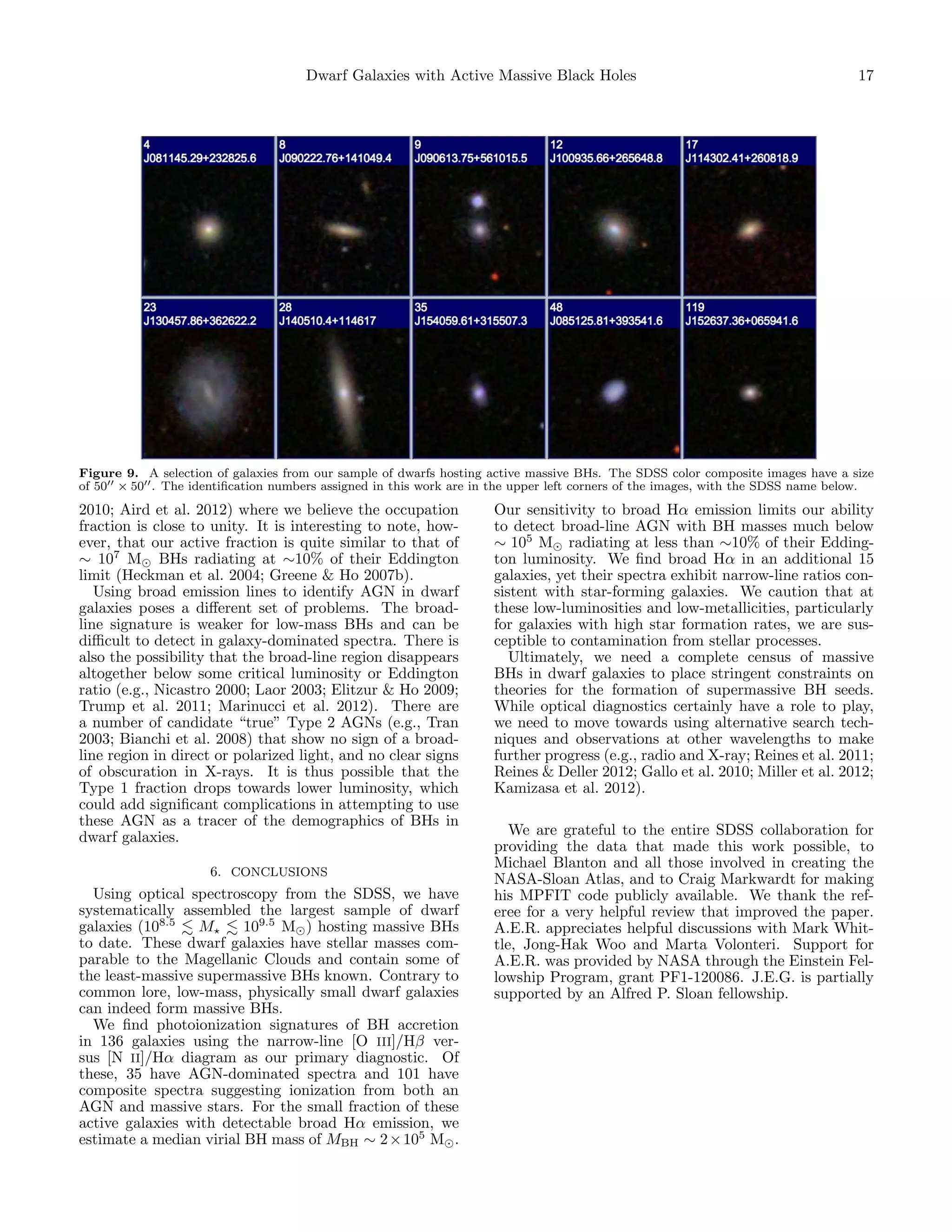 Dwarf Galaxies with Active Massive Black Holes

17

Figure 9. A selection of galaxies from our sample of dwarfs hosting active massive BHs. The SDSS color composite images have a size
of 50 × 50 . The identiﬁcation numbers assigned in this work are in the upper left corners of the images, with the SDSS name below.

2010; Aird et al. 2012) where we believe the occupation
fraction is close to unity. It is interesting to note, however, that our active fraction is quite similar to that of
∼ 107 M BHs radiating at ∼10% of their Eddington
limit (Heckman et al. 2004; Greene & Ho 2007b).
Using broad emission lines to identify AGN in dwarf
galaxies poses a diﬀerent set of problems. The broadline signature is weaker for low-mass BHs and can be
diﬃcult to detect in galaxy-dominated spectra. There is
also the possibility that the broad-line region disappears
altogether below some critical luminosity or Eddington
ratio (e.g., Nicastro 2000; Laor 2003; Elitzur & Ho 2009;
Trump et al. 2011; Marinucci et al. 2012). There are
a number of candidate “true” Type 2 AGNs (e.g., Tran
2003; Bianchi et al. 2008) that show no sign of a broadline region in direct or polarized light, and no clear signs
of obscuration in X-rays. It is thus possible that the
Type 1 fraction drops towards lower luminosity, which
could add signiﬁcant complications in attempting to use
these AGN as a tracer of the demographics of BHs in
dwarf galaxies.
6. CONCLUSIONS

Using optical spectroscopy from the SDSS, we have
systematically assembled the largest sample of dwarf
galaxies (108.5
M
109.5 M ) hosting massive BHs
to date. These dwarf galaxies have stellar masses comparable to the Magellanic Clouds and contain some of
the least-massive supermassive BHs known. Contrary to
common lore, low-mass, physically small dwarf galaxies
can indeed form massive BHs.
We ﬁnd photoionization signatures of BH accretion
in 136 galaxies using the narrow-line [O III]/Hβ versus [N II]/Hα diagram as our primary diagnostic. Of
these, 35 have AGN-dominated spectra and 101 have
composite spectra suggesting ionization from both an
AGN and massive stars. For the small fraction of these
active galaxies with detectable broad Hα emission, we
estimate a median virial BH mass of MBH ∼ 2 × 105 M .

Our sensitivity to broad Hα emission limits our ability
to detect broad-line AGN with BH masses much below
∼ 105 M radiating at less than ∼10% of their Eddington luminosity. We ﬁnd broad Hα in an additional 15
galaxies, yet their spectra exhibit narrow-line ratios consistent with star-forming galaxies. We caution that at
these low-luminosities and low-metallicities, particularly
for galaxies with high star formation rates, we are susceptible to contamination from stellar processes.
Ultimately, we need a complete census of massive
BHs in dwarf galaxies to place stringent constraints on
theories for the formation of supermassive BH seeds.
While optical diagnostics certainly have a role to play,
we need to move towards using alternative search techniques and observations at other wavelengths to make
further progress (e.g., radio and X-ray; Reines et al. 2011;
Reines & Deller 2012; Gallo et al. 2010; Miller et al. 2012;
Kamizasa et al. 2012).
We are grateful to the entire SDSS collaboration for
providing the data that made this work possible, to
Michael Blanton and all those involved in creating the
NASA-Sloan Atlas, and to Craig Markwardt for making
his MPFIT code publicly available. We thank the referee for a very helpful review that improved the paper.
A.E.R. appreciates helpful discussions with Mark Whittle, Jong-Hak Woo and Marta Volonteri. Support for
A.E.R. was provided by NASA through the Einstein Fellowship Program, grant PF1-120086. J.E.G. is partially
supported by an Alfred P. Sloan fellowship.

 