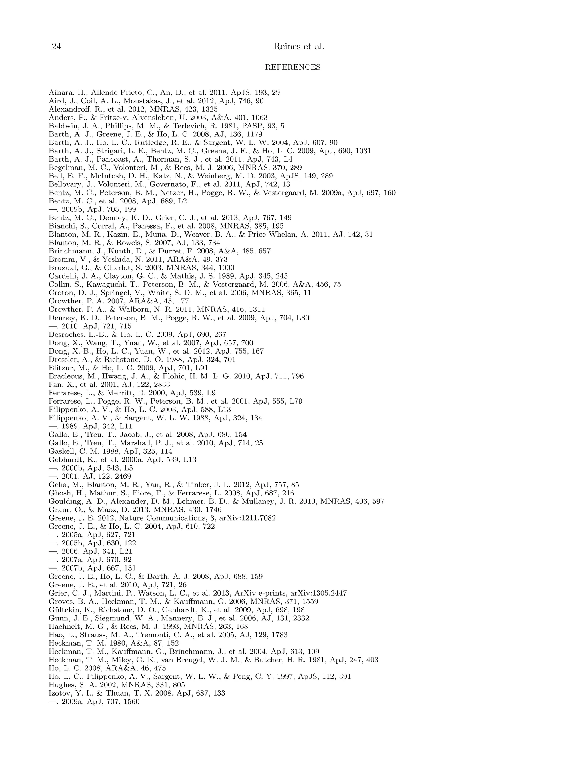 24

Reines et al.
REFERENCES

Aihara, H., Allende Prieto, C., An, D., et al. 2011, ApJS, 193, 29
Aird, J., Coil, A. L., Moustakas, J., et al. 2012, ApJ, 746, 90
Alexandroﬀ, R., et al. 2012, MNRAS, 423, 1325
Anders, P., & Fritze-v. Alvensleben, U. 2003, A&A, 401, 1063
Baldwin, J. A., Phillips, M. M., & Terlevich, R. 1981, PASP, 93, 5
Barth, A. J., Greene, J. E., & Ho, L. C. 2008, AJ, 136, 1179
Barth, A. J., Ho, L. C., Rutledge, R. E., & Sargent, W. L. W. 2004, ApJ, 607, 90
Barth, A. J., Strigari, L. E., Bentz, M. C., Greene, J. E., & Ho, L. C. 2009, ApJ, 690, 1031
Barth, A. J., Pancoast, A., Thorman, S. J., et al. 2011, ApJ, 743, L4
Begelman, M. C., Volonteri, M., & Rees, M. J. 2006, MNRAS, 370, 289
Bell, E. F., McIntosh, D. H., Katz, N., & Weinberg, M. D. 2003, ApJS, 149, 289
Bellovary, J., Volonteri, M., Governato, F., et al. 2011, ApJ, 742, 13
Bentz, M. C., Peterson, B. M., Netzer, H., Pogge, R. W., & Vestergaard, M. 2009a, ApJ, 697, 160
Bentz, M. C., et al. 2008, ApJ, 689, L21
—. 2009b, ApJ, 705, 199
Bentz, M. C., Denney, K. D., Grier, C. J., et al. 2013, ApJ, 767, 149
Bianchi, S., Corral, A., Panessa, F., et al. 2008, MNRAS, 385, 195
Blanton, M. R., Kazin, E., Muna, D., Weaver, B. A., & Price-Whelan, A. 2011, AJ, 142, 31
Blanton, M. R., & Roweis, S. 2007, AJ, 133, 734
Brinchmann, J., Kunth, D., & Durret, F. 2008, A&A, 485, 657
Bromm, V., & Yoshida, N. 2011, ARA&A, 49, 373
Bruzual, G., & Charlot, S. 2003, MNRAS, 344, 1000
Cardelli, J. A., Clayton, G. C., & Mathis, J. S. 1989, ApJ, 345, 245
Collin, S., Kawaguchi, T., Peterson, B. M., & Vestergaard, M. 2006, A&A, 456, 75
Croton, D. J., Springel, V., White, S. D. M., et al. 2006, MNRAS, 365, 11
Crowther, P. A. 2007, ARA&A, 45, 177
Crowther, P. A., & Walborn, N. R. 2011, MNRAS, 416, 1311
Denney, K. D., Peterson, B. M., Pogge, R. W., et al. 2009, ApJ, 704, L80
—. 2010, ApJ, 721, 715
Desroches, L.-B., & Ho, L. C. 2009, ApJ, 690, 267
Dong, X., Wang, T., Yuan, W., et al. 2007, ApJ, 657, 700
Dong, X.-B., Ho, L. C., Yuan, W., et al. 2012, ApJ, 755, 167
Dressler, A., & Richstone, D. O. 1988, ApJ, 324, 701
Elitzur, M., & Ho, L. C. 2009, ApJ, 701, L91
Eracleous, M., Hwang, J. A., & Flohic, H. M. L. G. 2010, ApJ, 711, 796
Fan, X., et al. 2001, AJ, 122, 2833
Ferrarese, L., & Merritt, D. 2000, ApJ, 539, L9
Ferrarese, L., Pogge, R. W., Peterson, B. M., et al. 2001, ApJ, 555, L79
Filippenko, A. V., & Ho, L. C. 2003, ApJ, 588, L13
Filippenko, A. V., & Sargent, W. L. W. 1988, ApJ, 324, 134
—. 1989, ApJ, 342, L11
Gallo, E., Treu, T., Jacob, J., et al. 2008, ApJ, 680, 154
Gallo, E., Treu, T., Marshall, P. J., et al. 2010, ApJ, 714, 25
Gaskell, C. M. 1988, ApJ, 325, 114
Gebhardt, K., et al. 2000a, ApJ, 539, L13
—. 2000b, ApJ, 543, L5
—. 2001, AJ, 122, 2469
Geha, M., Blanton, M. R., Yan, R., & Tinker, J. L. 2012, ApJ, 757, 85
Ghosh, H., Mathur, S., Fiore, F., & Ferrarese, L. 2008, ApJ, 687, 216
Goulding, A. D., Alexander, D. M., Lehmer, B. D., & Mullaney, J. R. 2010, MNRAS, 406, 597
Graur, O., & Maoz, D. 2013, MNRAS, 430, 1746
Greene, J. E. 2012, Nature Communications, 3, arXiv:1211.7082
Greene, J. E., & Ho, L. C. 2004, ApJ, 610, 722
—. 2005a, ApJ, 627, 721
—. 2005b, ApJ, 630, 122
—. 2006, ApJ, 641, L21
—. 2007a, ApJ, 670, 92
—. 2007b, ApJ, 667, 131
Greene, J. E., Ho, L. C., & Barth, A. J. 2008, ApJ, 688, 159
Greene, J. E., et al. 2010, ApJ, 721, 26
Grier, C. J., Martini, P., Watson, L. C., et al. 2013, ArXiv e-prints, arXiv:1305.2447
Groves, B. A., Heckman, T. M., & Kauﬀmann, G. 2006, MNRAS, 371, 1559
G¨ltekin, K., Richstone, D. O., Gebhardt, K., et al. 2009, ApJ, 698, 198
u
Gunn, J. E., Siegmund, W. A., Mannery, E. J., et al. 2006, AJ, 131, 2332
Haehnelt, M. G., & Rees, M. J. 1993, MNRAS, 263, 168
Hao, L., Strauss, M. A., Tremonti, C. A., et al. 2005, AJ, 129, 1783
Heckman, T. M. 1980, A&A, 87, 152
Heckman, T. M., Kauﬀmann, G., Brinchmann, J., et al. 2004, ApJ, 613, 109
Heckman, T. M., Miley, G. K., van Breugel, W. J. M., & Butcher, H. R. 1981, ApJ, 247, 403
Ho, L. C. 2008, ARA&A, 46, 475
Ho, L. C., Filippenko, A. V., Sargent, W. L. W., & Peng, C. Y. 1997, ApJS, 112, 391
Hughes, S. A. 2002, MNRAS, 331, 805
Izotov, Y. I., & Thuan, T. X. 2008, ApJ, 687, 133
—. 2009a, ApJ, 707, 1560

 