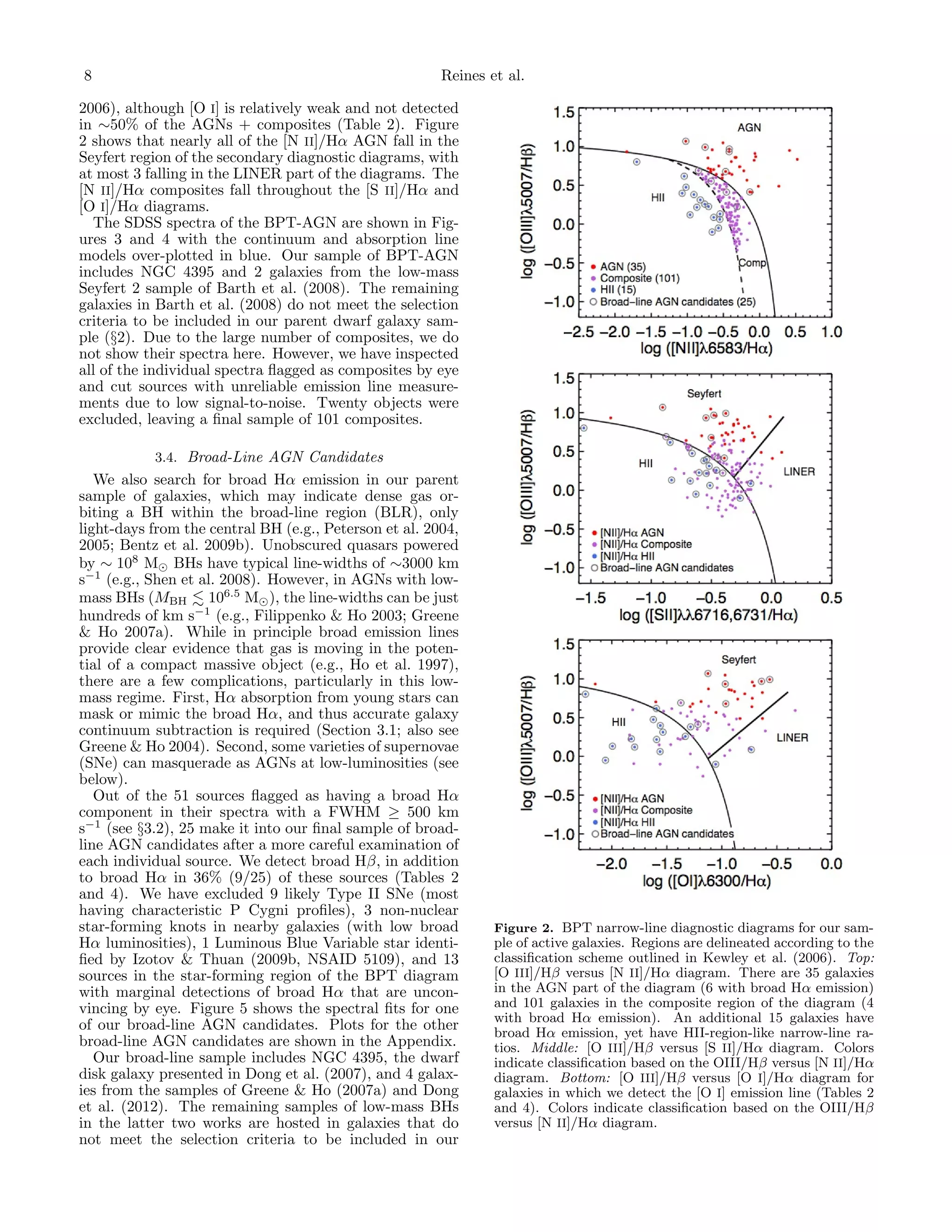 8

Reines et al.

2006), although [O I] is relatively weak and not detected
in ∼50% of the AGNs + composites (Table 2). Figure
2 shows that nearly all of the [N II]/Hα AGN fall in the
Seyfert region of the secondary diagnostic diagrams, with
at most 3 falling in the LINER part of the diagrams. The
[N II]/Hα composites fall throughout the [S II]/Hα and
[O I]/Hα diagrams.
The SDSS spectra of the BPT-AGN are shown in Figures 3 and 4 with the continuum and absorption line
models over-plotted in blue. Our sample of BPT-AGN
includes NGC 4395 and 2 galaxies from the low-mass
Seyfert 2 sample of Barth et al. (2008). The remaining
galaxies in Barth et al. (2008) do not meet the selection
criteria to be included in our parent dwarf galaxy sample (§2). Due to the large number of composites, we do
not show their spectra here. However, we have inspected
all of the individual spectra ﬂagged as composites by eye
and cut sources with unreliable emission line measurements due to low signal-to-noise. Twenty objects were
excluded, leaving a ﬁnal sample of 101 composites.
3.4. Broad-Line AGN Candidates
We also search for broad Hα emission in our parent
sample of galaxies, which may indicate dense gas orbiting a BH within the broad-line region (BLR), only
light-days from the central BH (e.g., Peterson et al. 2004,
2005; Bentz et al. 2009b). Unobscured quasars powered
by ∼ 108 M BHs have typical line-widths of ∼3000 km
s−1 (e.g., Shen et al. 2008). However, in AGNs with lowmass BHs (MBH 106.5 M ), the line-widths can be just
hundreds of km s−1 (e.g., Filippenko & Ho 2003; Greene
& Ho 2007a). While in principle broad emission lines
provide clear evidence that gas is moving in the potential of a compact massive object (e.g., Ho et al. 1997),
there are a few complications, particularly in this lowmass regime. First, Hα absorption from young stars can
mask or mimic the broad Hα, and thus accurate galaxy
continuum subtraction is required (Section 3.1; also see
Greene & Ho 2004). Second, some varieties of supernovae
(SNe) can masquerade as AGNs at low-luminosities (see
below).
Out of the 51 sources ﬂagged as having a broad Hα
component in their spectra with a FWHM ≥ 500 km
s−1 (see §3.2), 25 make it into our ﬁnal sample of broadline AGN candidates after a more careful examination of
each individual source. We detect broad Hβ, in addition
to broad Hα in 36% (9/25) of these sources (Tables 2
and 4). We have excluded 9 likely Type II SNe (most
having characteristic P Cygni proﬁles), 3 non-nuclear
star-forming knots in nearby galaxies (with low broad
Hα luminosities), 1 Luminous Blue Variable star identiﬁed by Izotov & Thuan (2009b, NSAID 5109), and 13
sources in the star-forming region of the BPT diagram
with marginal detections of broad Hα that are unconvincing by eye. Figure 5 shows the spectral ﬁts for one
of our broad-line AGN candidates. Plots for the other
broad-line AGN candidates are shown in the Appendix.
Our broad-line sample includes NGC 4395, the dwarf
disk galaxy presented in Dong et al. (2007), and 4 galaxies from the samples of Greene & Ho (2007a) and Dong
et al. (2012). The remaining samples of low-mass BHs
in the latter two works are hosted in galaxies that do
not meet the selection criteria to be included in our

Figure 2. BPT narrow-line diagnostic diagrams for our sam-

ple of active galaxies. Regions are delineated according to the
classiﬁcation scheme outlined in Kewley et al. (2006). Top:
[O III]/Hβ versus [N II]/Hα diagram. There are 35 galaxies
in the AGN part of the diagram (6 with broad Hα emission)
and 101 galaxies in the composite region of the diagram (4
with broad Hα emission). An additional 15 galaxies have
broad Hα emission, yet have HII-region-like narrow-line ratios. Middle: [O III]/Hβ versus [S II]/Hα diagram. Colors
indicate classiﬁcation based on the OIII/Hβ versus [N II]/Hα
diagram. Bottom: [O III]/Hβ versus [O I]/Hα diagram for
galaxies in which we detect the [O I] emission line (Tables 2
and 4). Colors indicate classiﬁcation based on the OIII/Hβ
versus [N II]/Hα diagram.

 