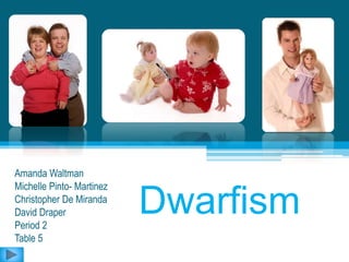 Dwarfism
Amanda Waltman
Michelle Pinto- Martinez
Christopher De Miranda
David Draper
Period 2
Table 5
 