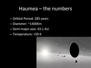 Haumea – the numbers Orbital Period: 285 years Diameter: ~1400Km Semi-major axis: 43.1 AU Temperature: <50 K 