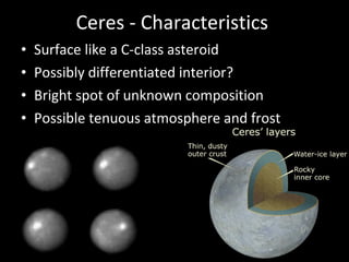 Ceres - Characteristics  Surface like a C-class asteroid Possibly differentiated interior? Bright spot of unknown composition Possible tenuous atmosphere and frost 