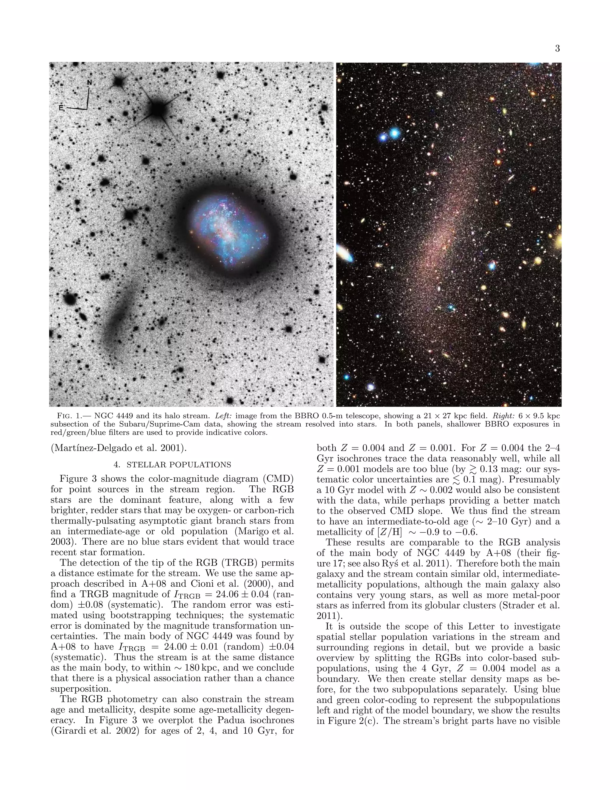 3




  Fig. 1.— NGC 4449 and its halo stream. Left: image from the BBRO 0.5-m telescope, showing a 21 × 27 kpc ﬁeld. Right: 6 × 9.5 kpc
subsection of the Subaru/Suprime-Cam data, showing the stream resolved into stars. In both panels, shallower BBRO exposures in
red/green/blue ﬁlters are used to provide indicative colors.

(Mart´
     ınez-Delgado et al. 2001).                                    both Z = 0.004 and Z = 0.001. For Z = 0.004 the 2–4
                                                                   Gyr isochrones trace the data reasonably well, while all
                4. STELLAR POPULATIONS
                                                                   Z = 0.001 models are too blue (by 0.13 mag: our sys-
  Figure 3 shows the color-magnitude diagram (CMD)                 tematic color uncertainties are 0.1 mag). Presumably
for point sources in the stream region. The RGB                    a 10 Gyr model with Z ∼ 0.002 would also be consistent
stars are the dominant feature, along with a few                   with the data, while perhaps providing a better match
brighter, redder stars that may be oxygen- or carbon-rich          to the observed CMD slope. We thus ﬁnd the stream
thermally-pulsating asymptotic giant branch stars from             to have an intermediate-to-old age (∼ 2–10 Gyr) and a
an intermediate-age or old population (Marigo et al.               metallicity of [Z/H] ∼ −0.9 to −0.6.
2003). There are no blue stars evident that would trace               These results are comparable to the RGB analysis
recent star formation.                                             of the main body of NGC 4449 by A+08 (their ﬁg-
  The detection of the tip of the RGB (TRGB) permits               ure 17; see also Ry´ et al. 2011). Therefore both the main
                                                                                       s
a distance estimate for the stream. We use the same ap-            galaxy and the stream contain similar old, intermediate-
proach described in A+08 and Cioni et al. (2000), and              metallicity populations, although the main galaxy also
ﬁnd a TRGB magnitude of ITRGB = 24.06 ± 0.04 (ran-                 contains very young stars, as well as more metal-poor
dom) ±0.08 (systematic). The random error was esti-                stars as inferred from its globular clusters (Strader et al.
mated using bootstrapping techniques; the systematic               2011).
error is dominated by the magnitude transformation un-                It is outside the scope of this Letter to investigate
certainties. The main body of NGC 4449 was found by                spatial stellar population variations in the stream and
A+08 to have ITRGB = 24.00 ± 0.01 (random) ±0.04                   surrounding regions in detail, but we provide a basic
(systematic). Thus the stream is at the same distance              overview by splitting the RGBs into color-based sub-
as the main body, to within ∼ 180 kpc, and we conclude             populations, using the 4 Gyr, Z = 0.004 model as a
that there is a physical association rather than a chance          boundary. We then create stellar density maps as be-
superposition.                                                     fore, for the two subpopulations separately. Using blue
  The RGB photometry can also constrain the stream                 and green color-coding to represent the subpopulations
age and metallicity, despite some age-metallicity degen-           left and right of the model boundary, we show the results
eracy. In Figure 3 we overplot the Padua isochrones                in Figure 2(c). The stream’s bright parts have no visible
(Girardi et al. 2002) for ages of 2, 4, and 10 Gyr, for
 