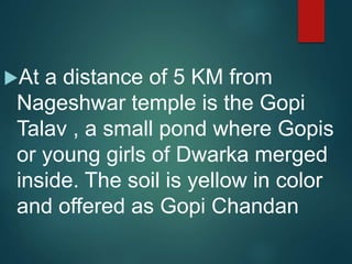 At a distance of 5 KM from
Nageshwar temple is the Gopi
Talav , a small pond where Gopis
or young girls of Dwarka merged
inside. The soil is yellow in color
and offered as Gopi Chandan
 