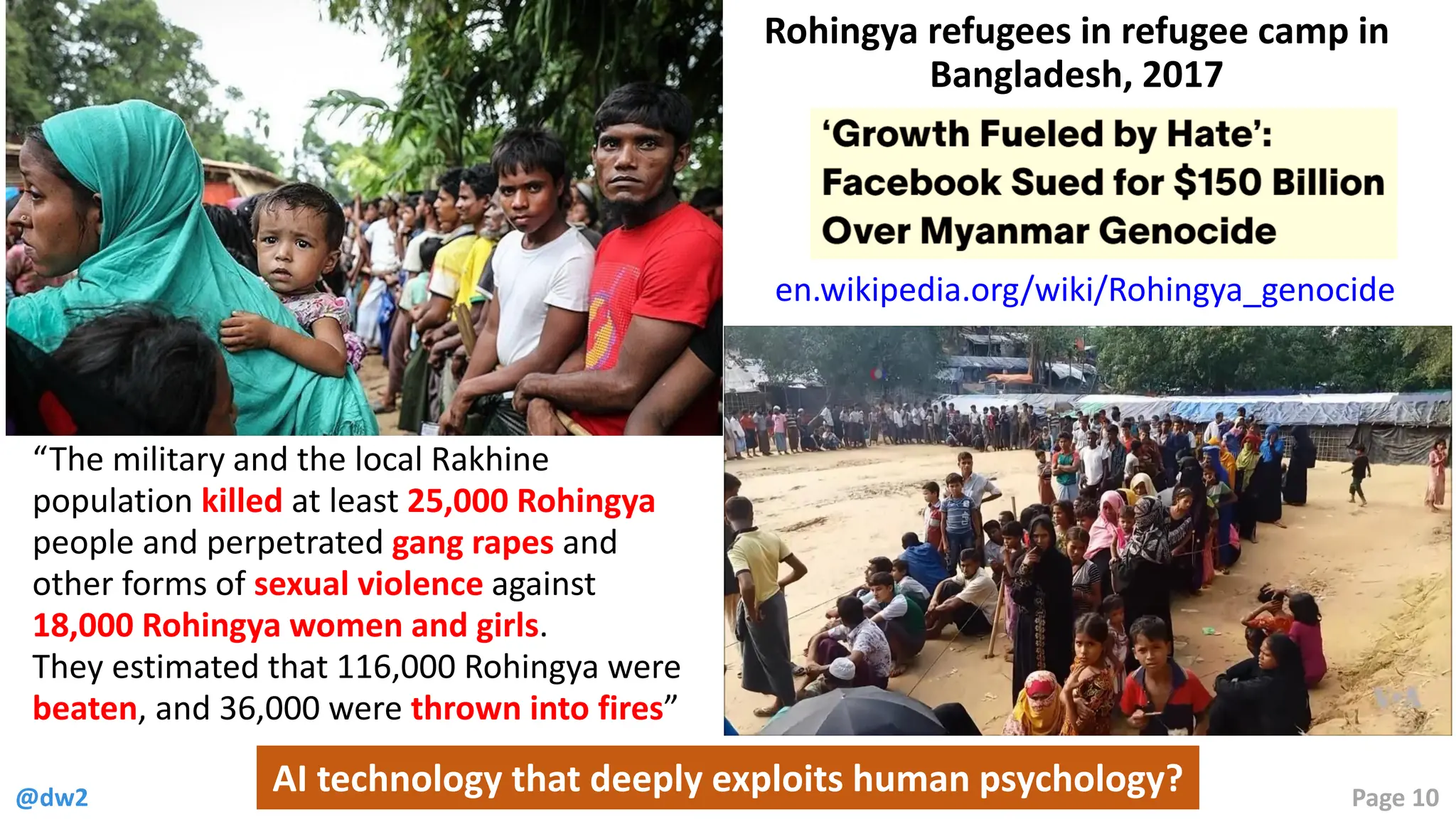 @dw2 Page 10
AI technology that deeply exploits human psychology?
Rohingya refugees in refugee camp in
Bangladesh, 2017
“The military and the local Rakhine
population killed at least 25,000 Rohingya
people and perpetrated gang rapes and
other forms of sexual violence against
18,000 Rohingya women and girls.
They estimated that 116,000 Rohingya were
beaten, and 36,000 were thrown into fires”
en.wikipedia.org/wiki/Rohingya_genocide
 