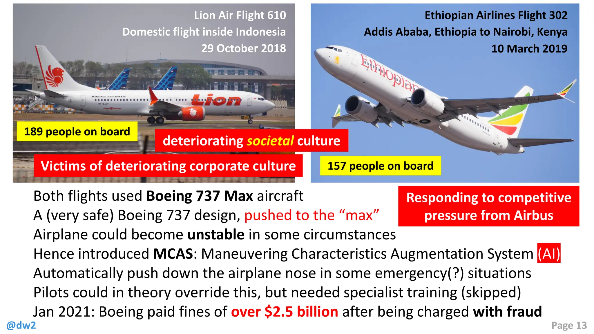 @dw2 Page 13
Lion Air Flight 610
Domestic flight inside Indonesia
29 October 2018
189 people on board
Ethiopian Airlines Flight 302
Addis Ababa, Ethiopia to Nairobi, Kenya
10 March 2019
157 people on board
Both flights used Boeing 737 Max aircraft
A (very safe) Boeing 737 design, pushed to the “max”
Airplane could become unstable in some circumstances
Hence introduced MCAS: Maneuvering Characteristics Augmentation System (AI)
Automatically push down the airplane nose in some emergency(?) situations
Pilots could in theory override this, but needed specialist training (skipped)
Jan 2021: Boeing paid fines of over $2.5 billion after being charged with fraud
Responding to competitive
pressure from Airbus
Victims of deteriorating corporate culture
deteriorating societal culture
 