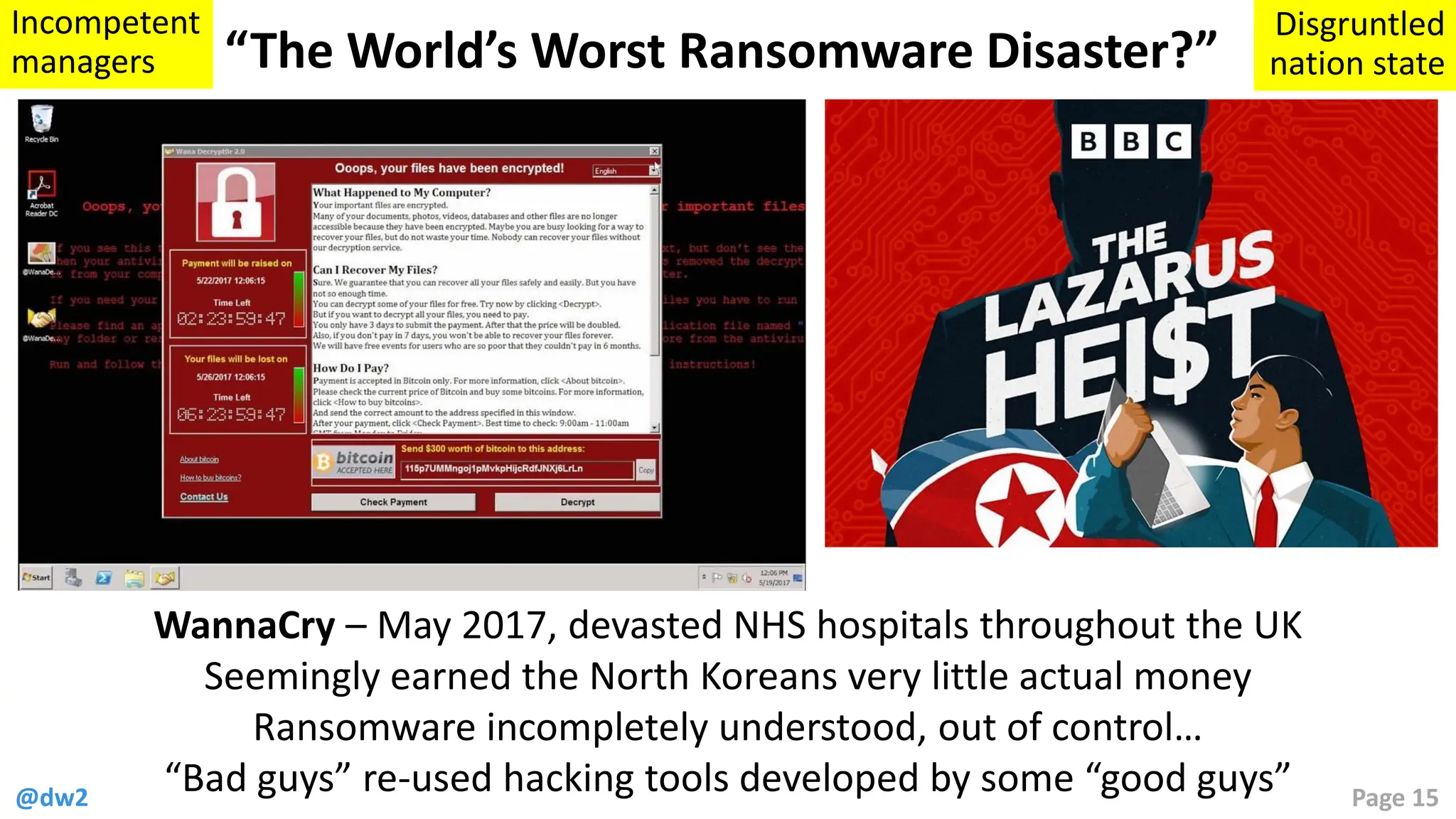 @dw2 Page 15
“The World’s Worst Ransomware Disaster?”
WannaCry – May 2017, devasted NHS hospitals throughout the UK
Seemingly earned the North Koreans very little actual money
Ransomware incompletely understood, out of control…
“Bad guys” re-used hacking tools developed by some “good guys”
Disgruntled
nation state
Incompetent
managers
 