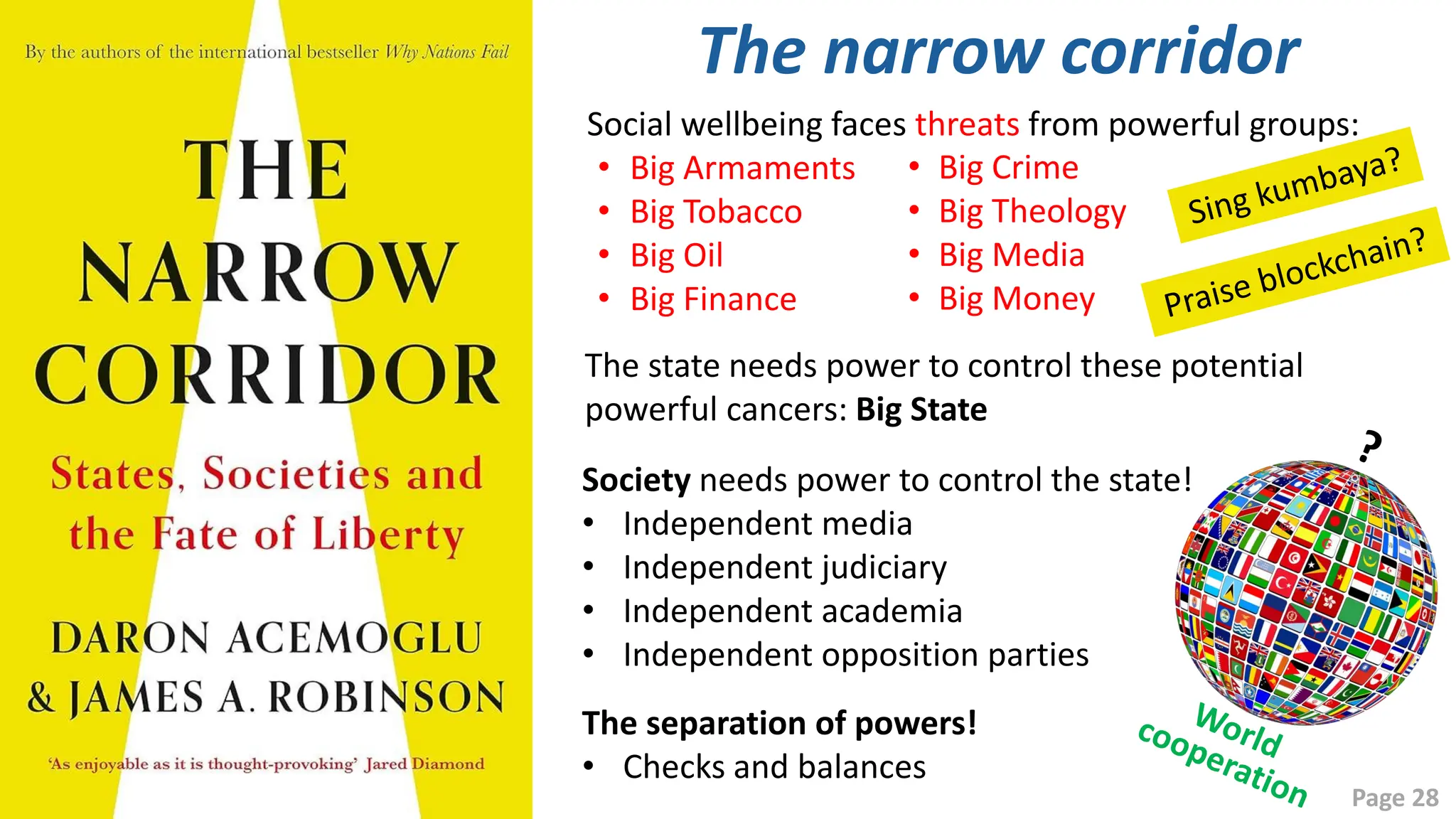 @dw2 Page 28
The narrow corridor
Social wellbeing faces threats from powerful groups:
• Big Armaments
• Big Tobacco
• Big Oil
• Big Finance
• Big Crime
• Big Theology
• Big Media
• Big Money
The state needs power to control these potential
powerful cancers: Big State
Society needs power to control the state!
• Independent media
• Independent judiciary
• Independent academia
• Independent opposition parties
The separation of powers!
• Checks and balances
 