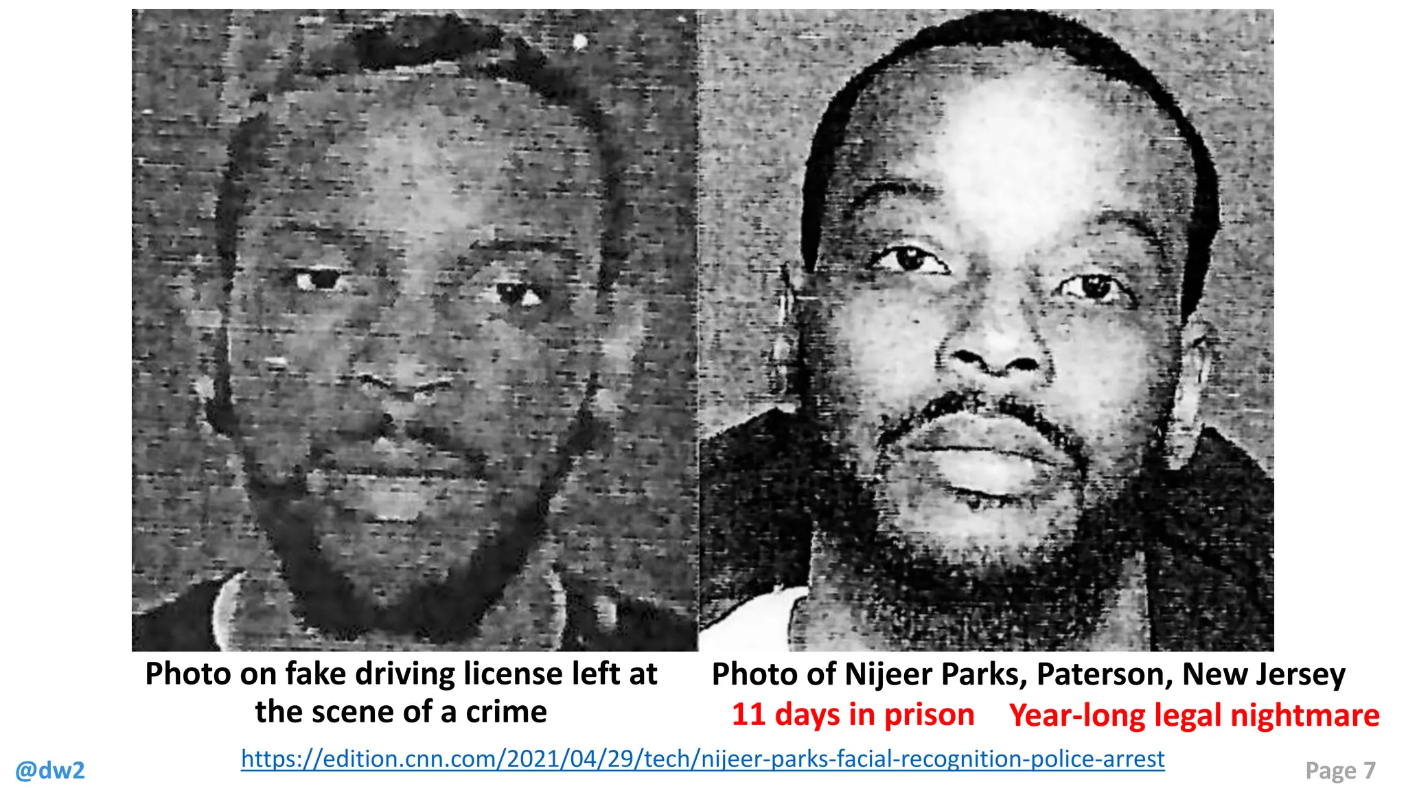 @dw2 Page 7
https://edition.cnn.com/2021/04/29/tech/nijeer-parks-facial-recognition-police-arrest
Photo on fake driving license left at
the scene of a crime
Photo of Nijeer Parks, Paterson, New Jersey
11 days in prison Year-long legal nightmare
 