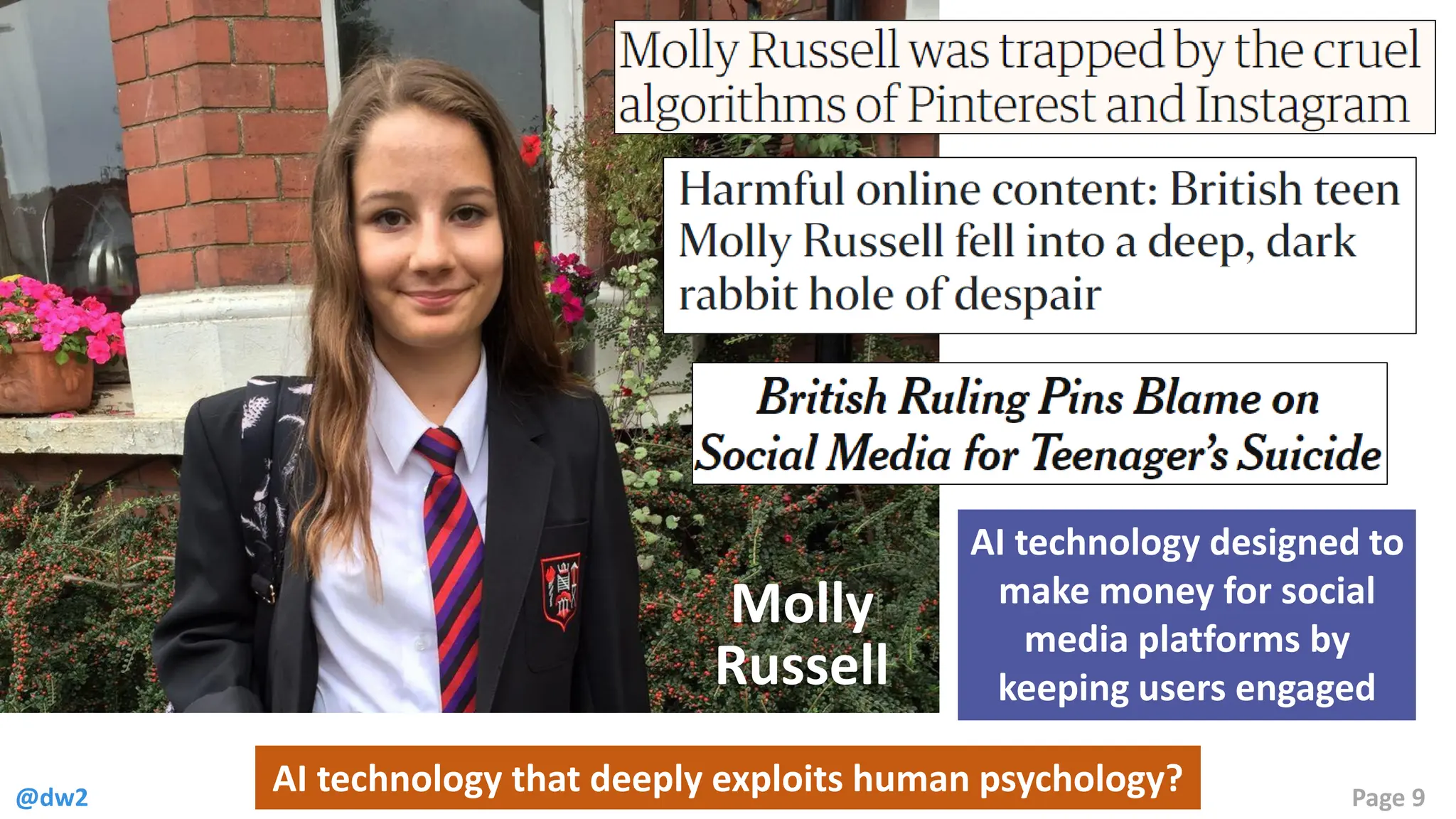 @dw2 Page 9
AI technology that deeply exploits human psychology?
AI technology designed to
make money for social
media platforms by
keeping users engaged
Molly
Russell
 