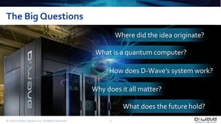 The Big Questions 
© 2014 D-Wave Systems Inc. All Rights Reserved 3 
Where did the idea originate? 
What is a quantum computer? 
How does D-Wave’s system work? 
Why does it all matter? 
What does the future hold? 
 