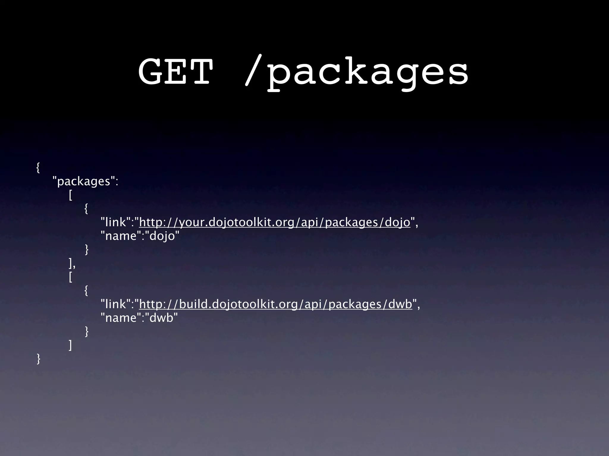GET /packages

{
    "packages":
       [
          {
            "link":"http://your.dojotoolkit.org/api/packages/dojo",
            "name":"dojo"
          }
       ],
       [
          {
            "link":"http://build.dojotoolkit.org/api/packages/dwb",
            "name":"dwb"
          }
       ]
}
 