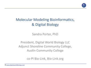 ©	
  www.digitalworldbiology.com
Molecular	
  Modeling	
  Bioinforma7cs,	
   
&	
  Digital	
  Biology
Sandra	
  Porter,	
  PhD	
  
President,	
  Digital	
  World	
  Biology	
  LLC	
  
Adjunct	
  Shoreline	
  Community	
  College,	
  
Aus7n	
  Community	
  College	
  
co-­‐PI	
  Bio-­‐Link,	
  Bio-­‐Link.org	
  
 