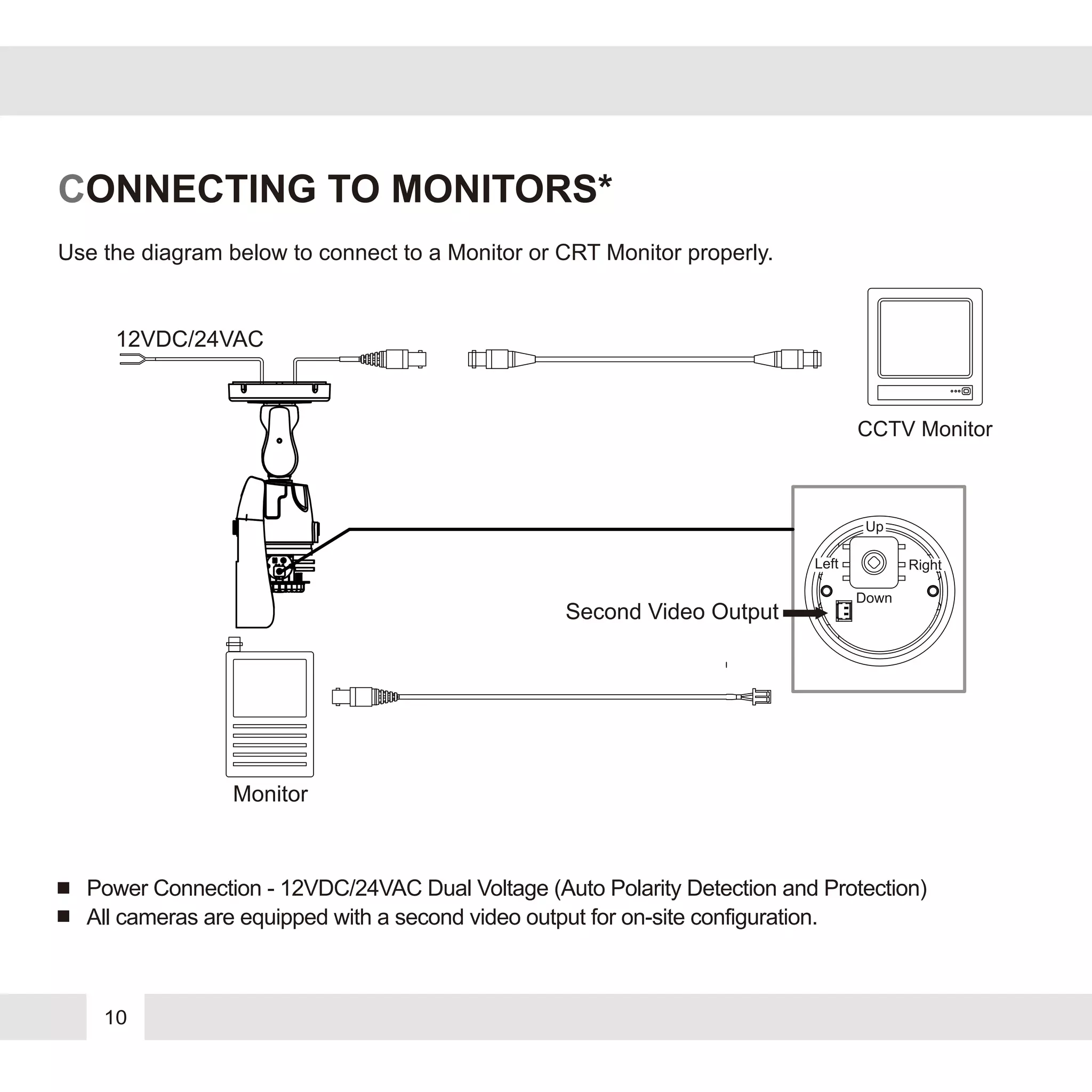 Use the diagram below to connect to a Monitor or CRT Monitor properly.
12VDC/24VAC
Monitor
CCTV Monitor
Second Video Output
RightLeft
Up
Down
Power Connection - 12VDC/24VAC Dual Voltage (Auto Polarity Detection and Protection)
All cameras are equipped with a second video output for on-site configuration.
10
CONNECTING TO MONITORS*
 
